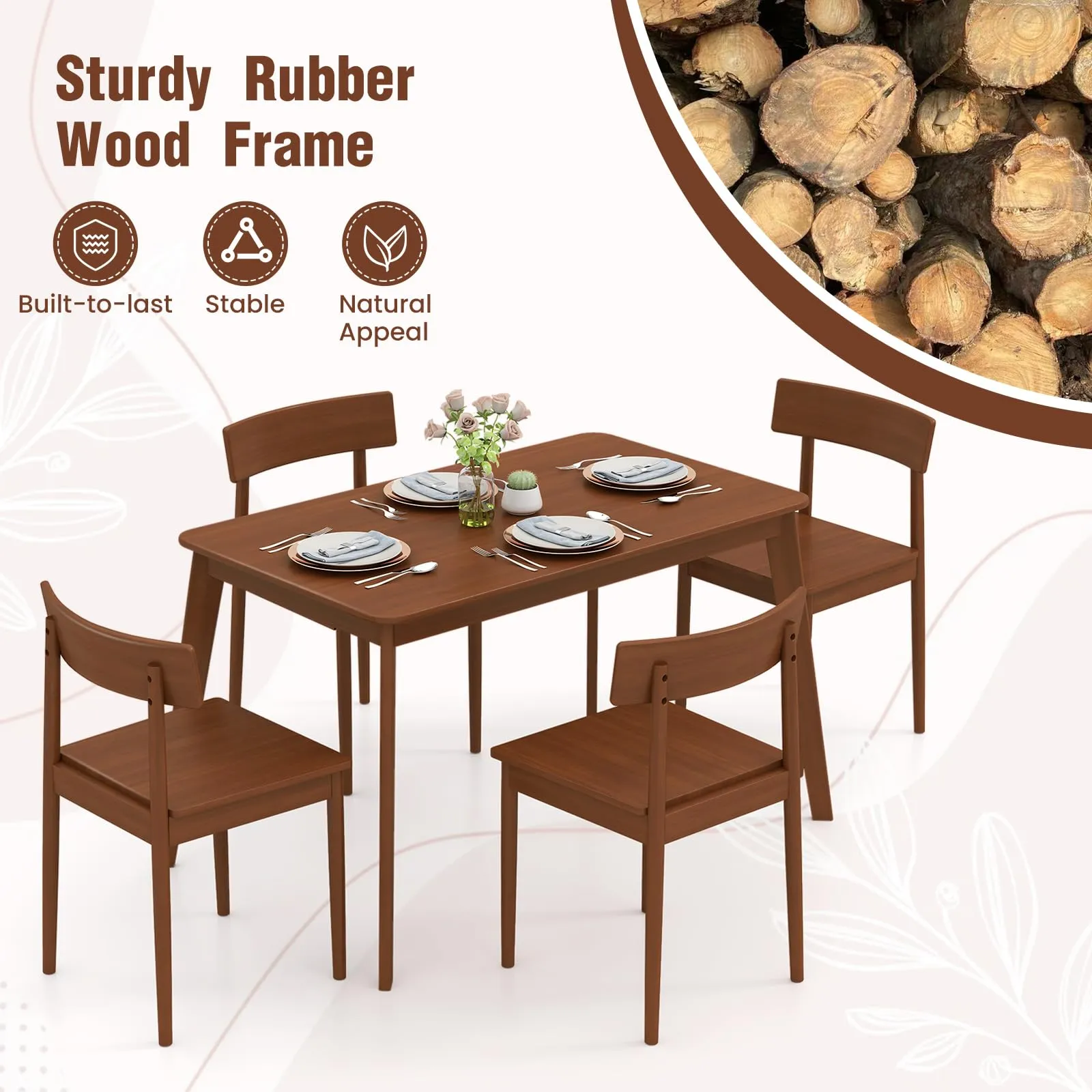 Giantex Rectangular Kitchen Table and 4 Chairs Set with Rubber Wood Frame