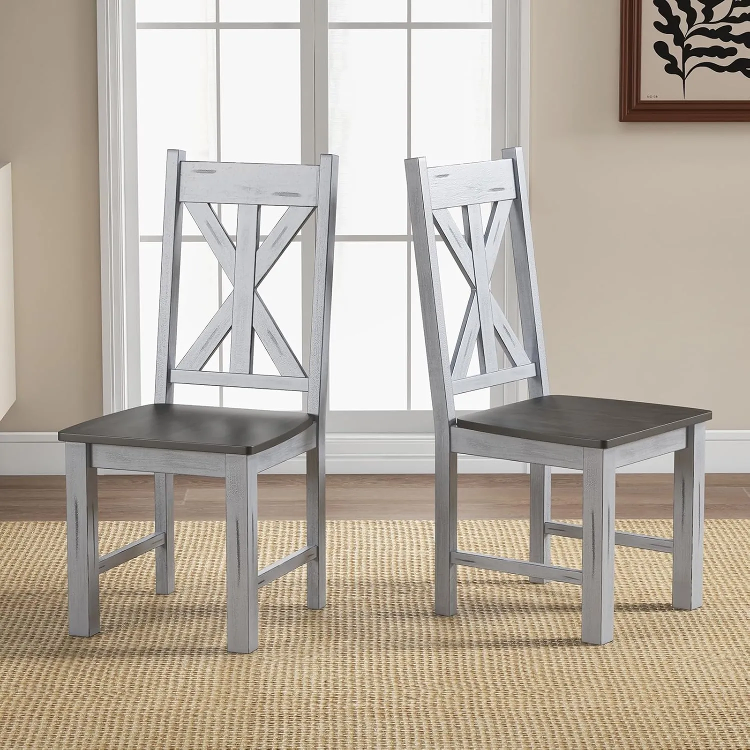 Giantex Retro Wooden Dining Chairs Set, Farmhouse Kitchen Chairs w/Rubber Wood Frame, Elegant Hollowed Backrest