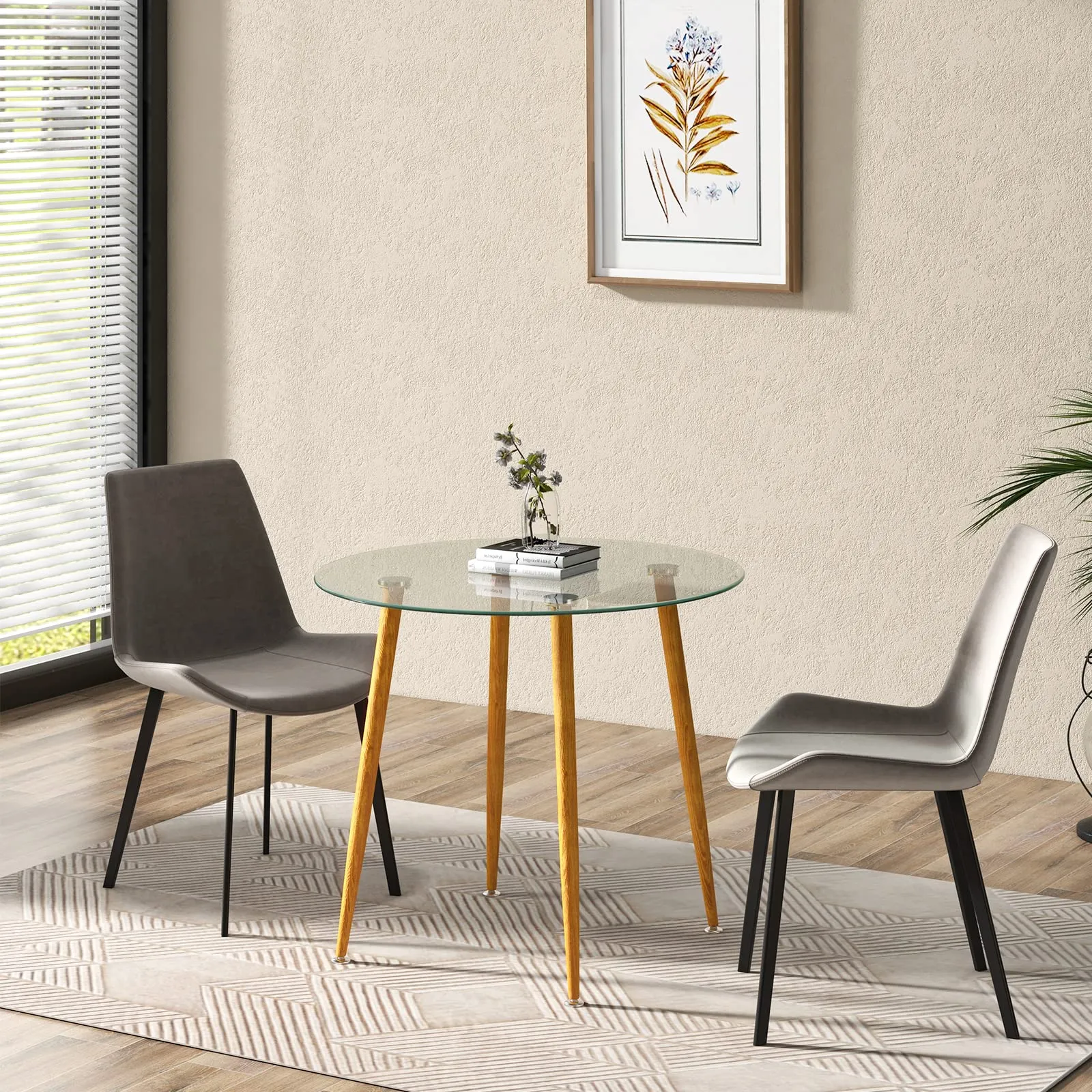 Giantex Round Glass Dining Table, Kitchen Dinner Table with Tempered Glass Tabletop & Metal Legs