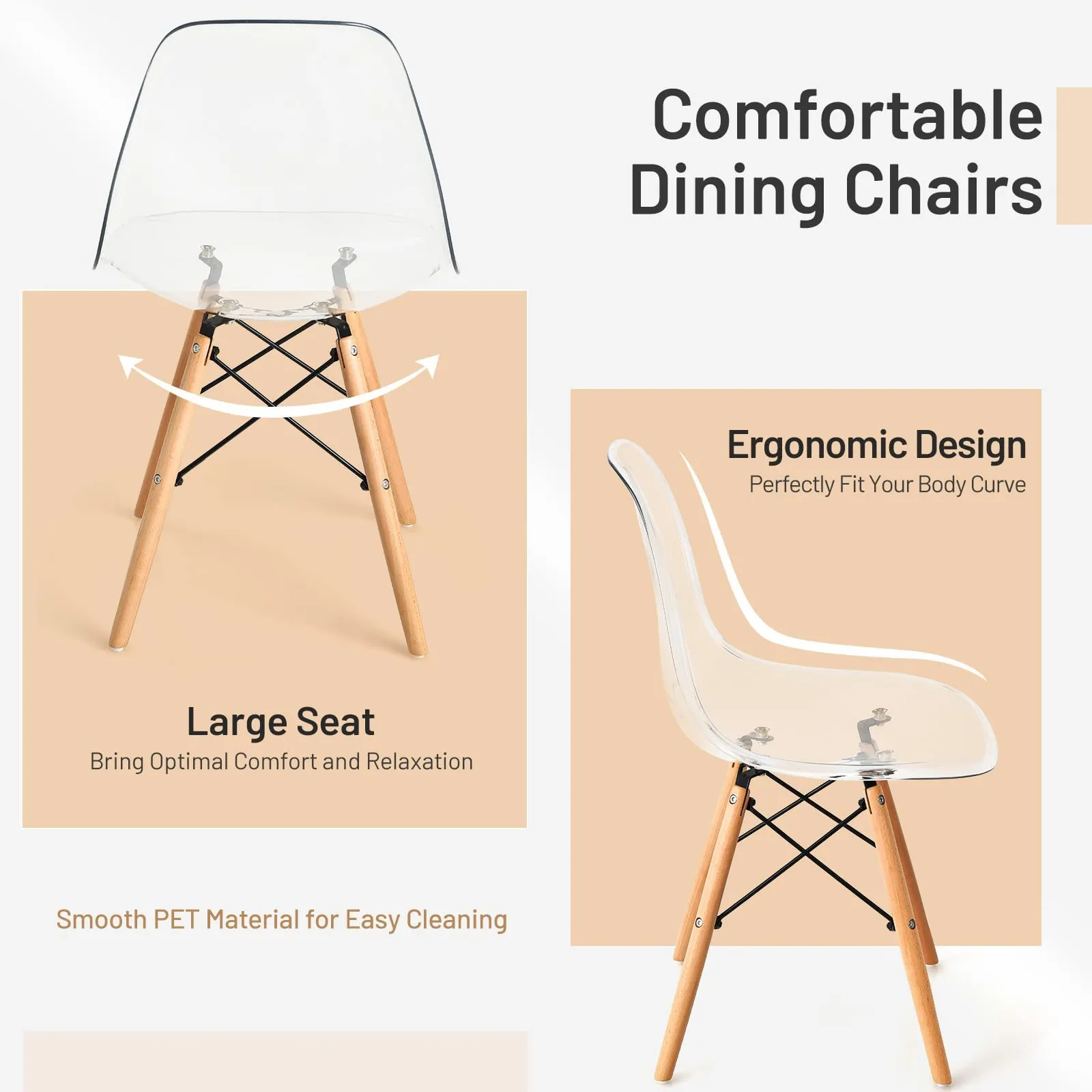 Giantex Set of 4 Dining Chairs, Clear Dining Side Chairs w/Beech Wood Legs
