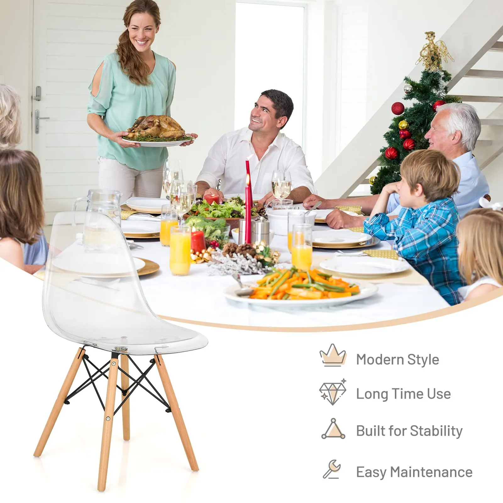 Giantex Set of 4 Dining Chairs, Clear Dining Side Chairs w/Beech Wood Legs