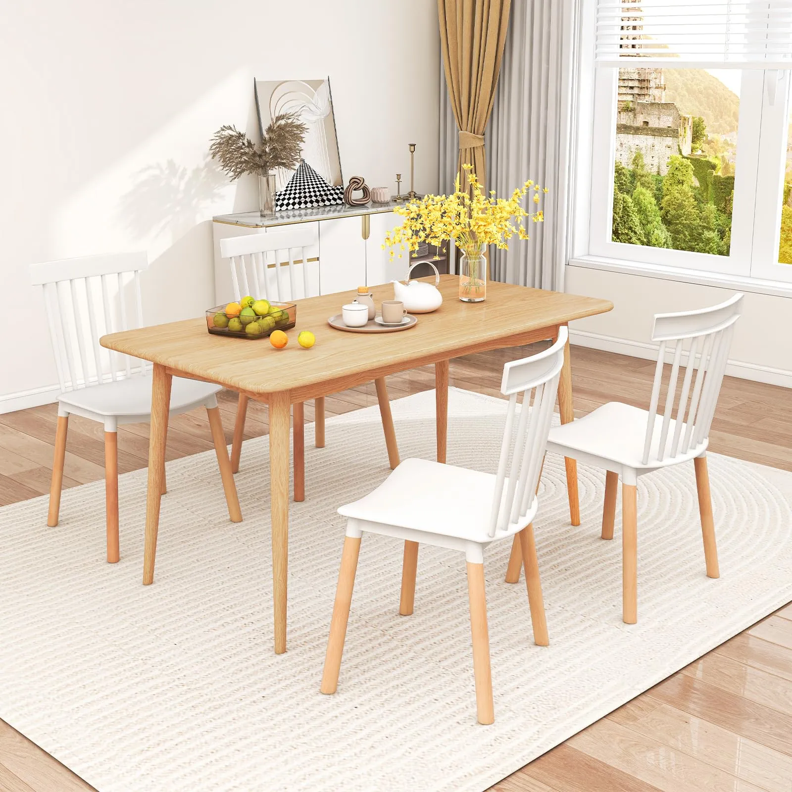 Giantex Set of 4 Windsor Dining Chairs White, Modern Kitchen Chairs w/Spindle Backs & Curved Seats