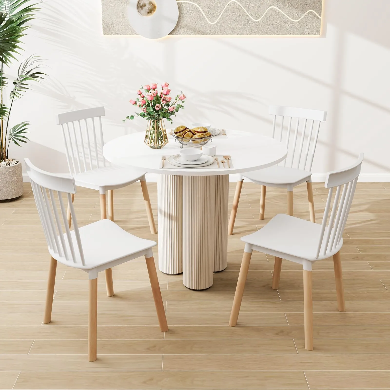 Giantex Set of 4 Windsor Dining Chairs White, Modern Kitchen Chairs w/Spindle Backs & Curved Seats