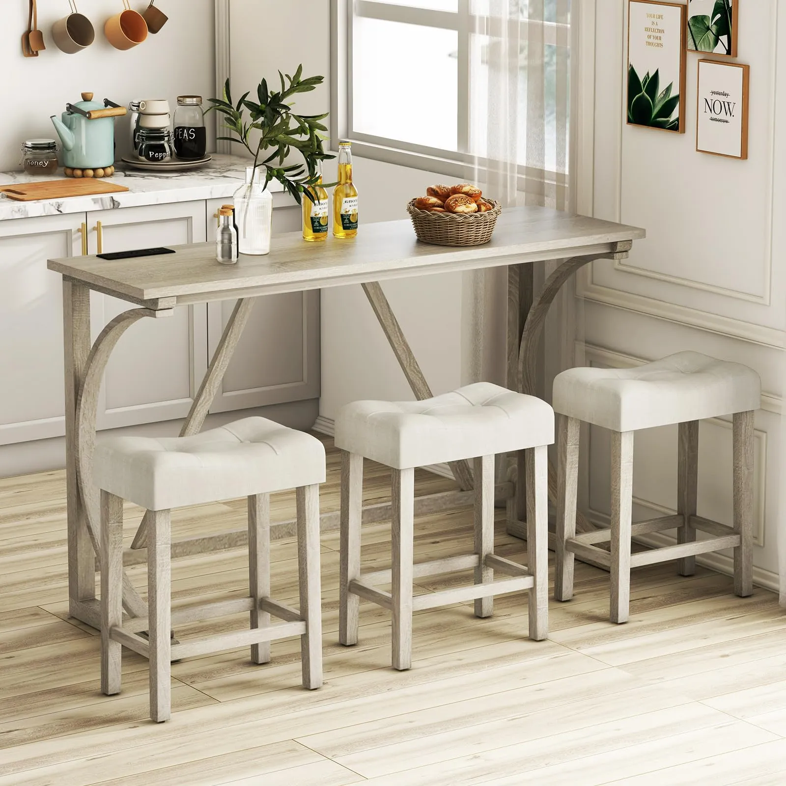 Giantex Small Dining Table Set - 4-Piece Bar Table and Chairs Set with Power Outlet