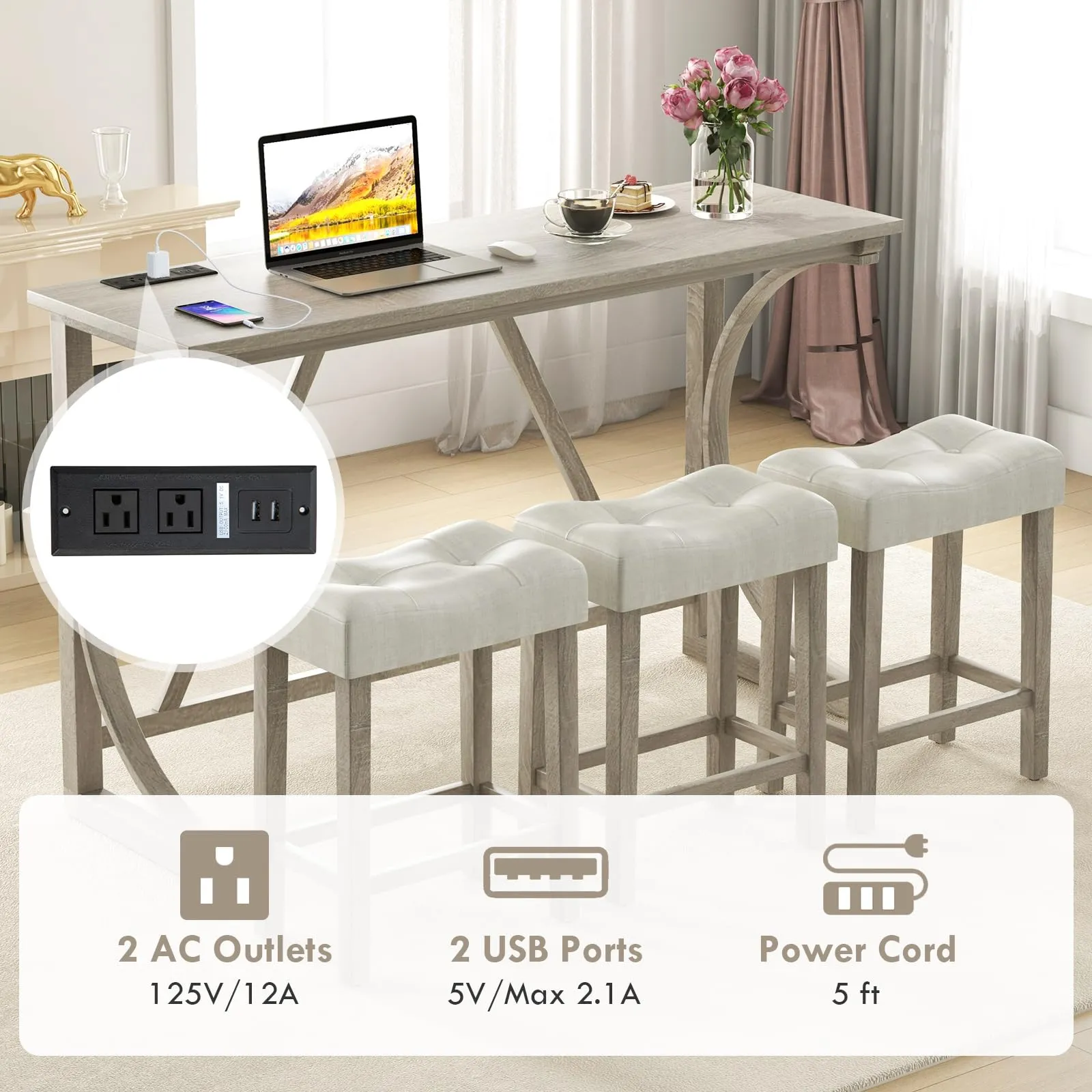 Giantex Small Dining Table Set - 4-Piece Bar Table and Chairs Set with Power Outlet