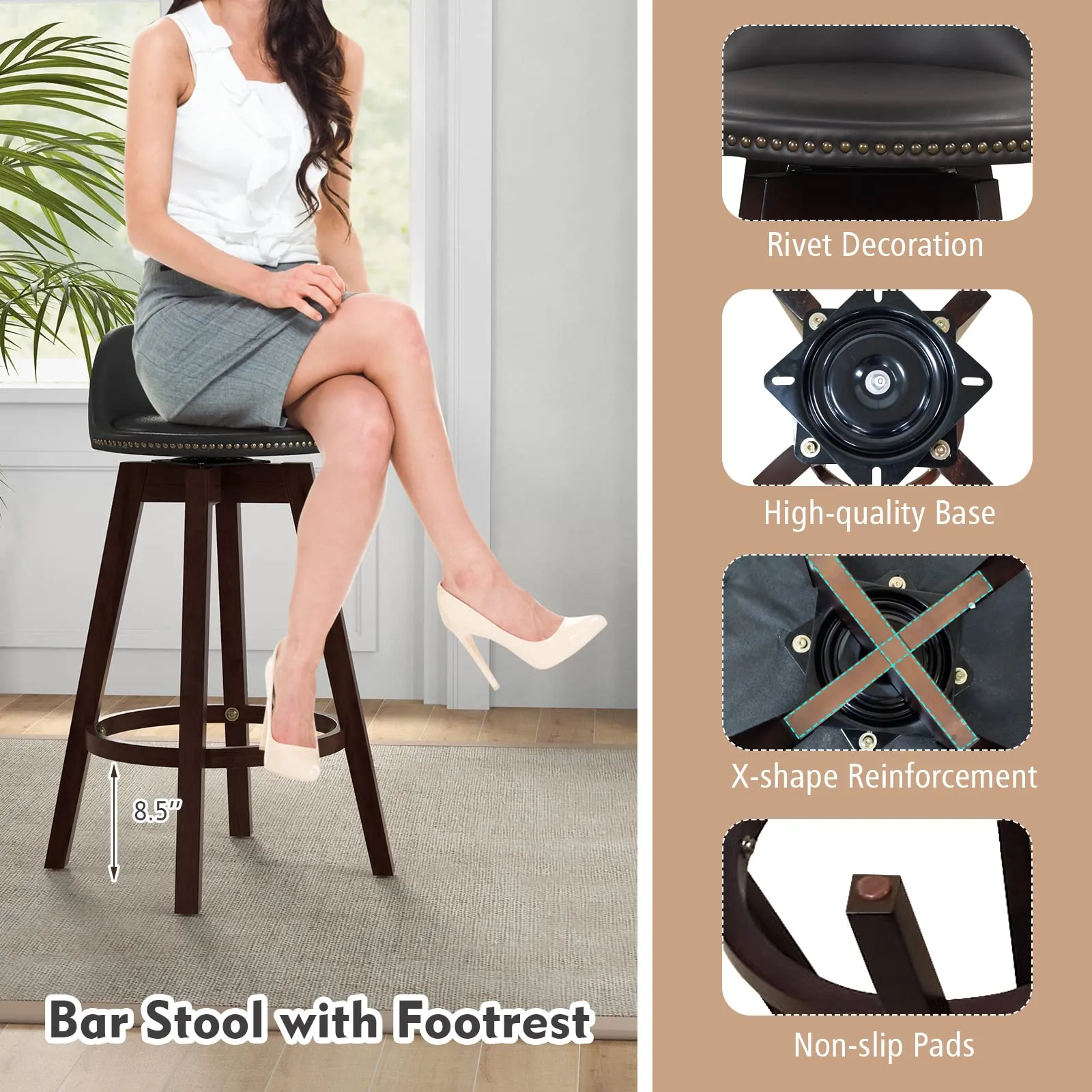 Giantex Swivel Bar Stools, 34.5 in Counter Height Stools with PVC Leather Cover, Rubber Wood Legs