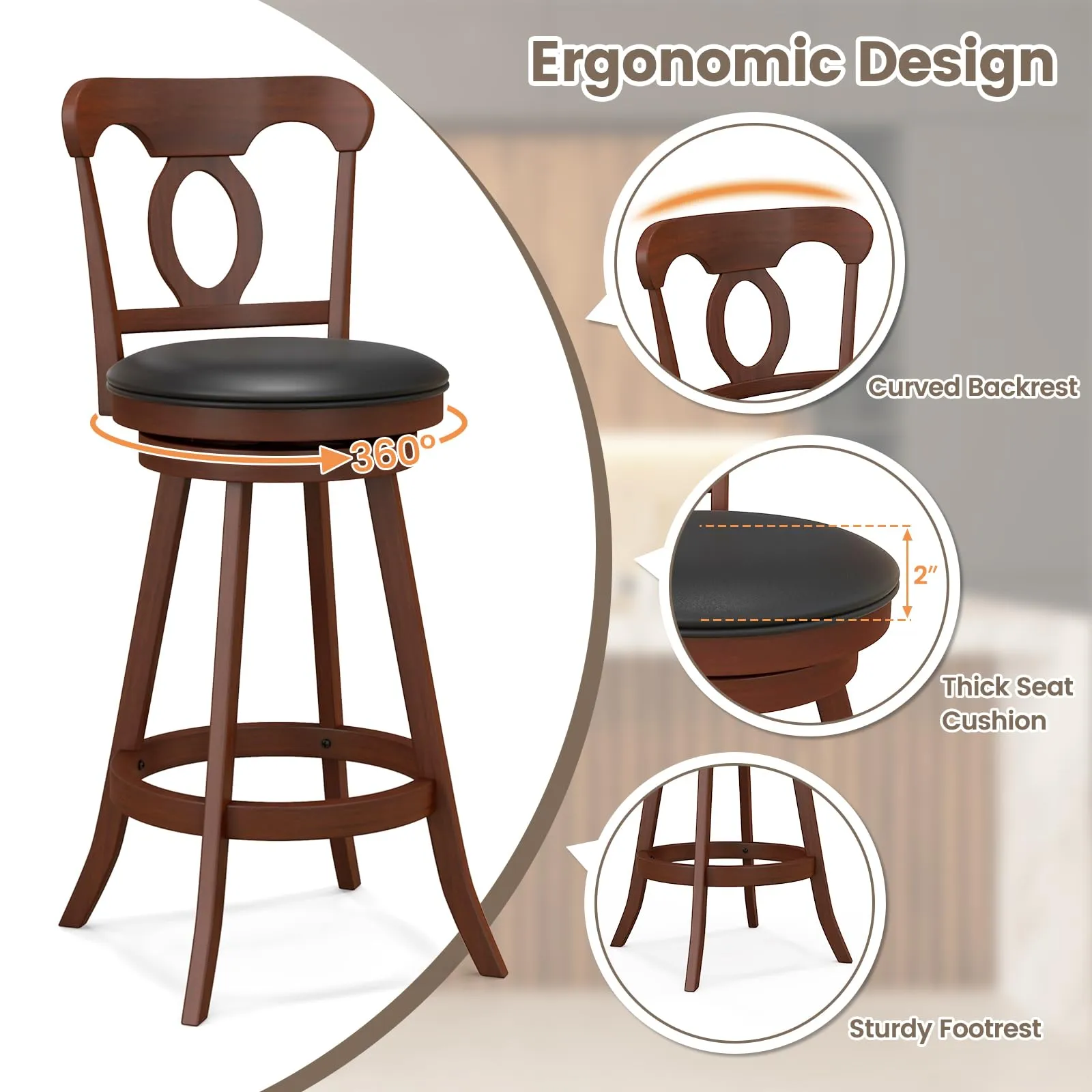 Giantex Swivel Bar Stools Set of 2, 24" Counter Height Barstools with Back, Solid Rubber Wood Frame