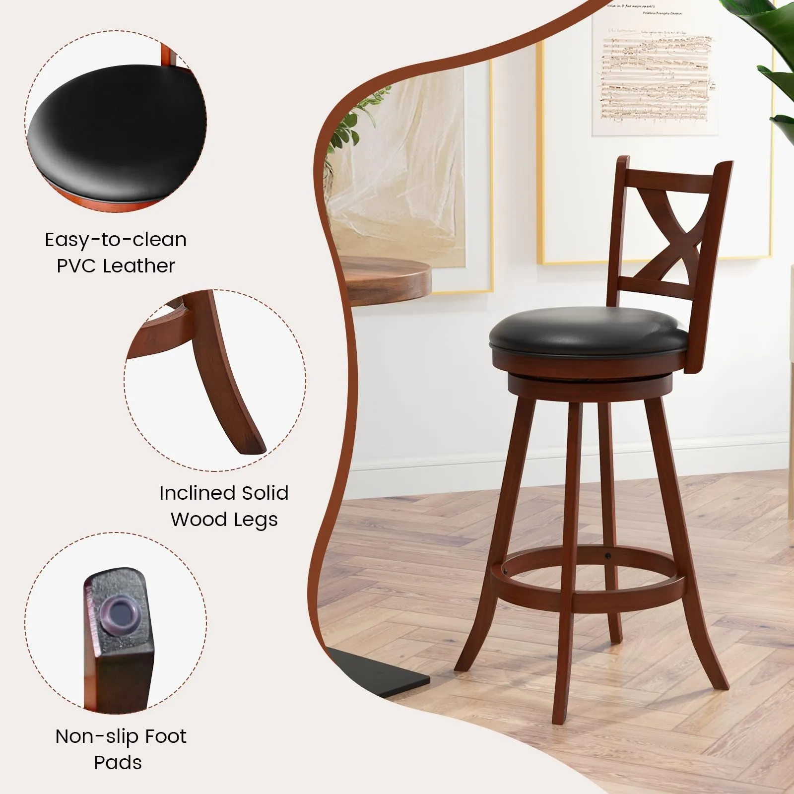 Giantex Swivel Bar Stools Set of 2, Farmhouse Wooden Barstools with Back