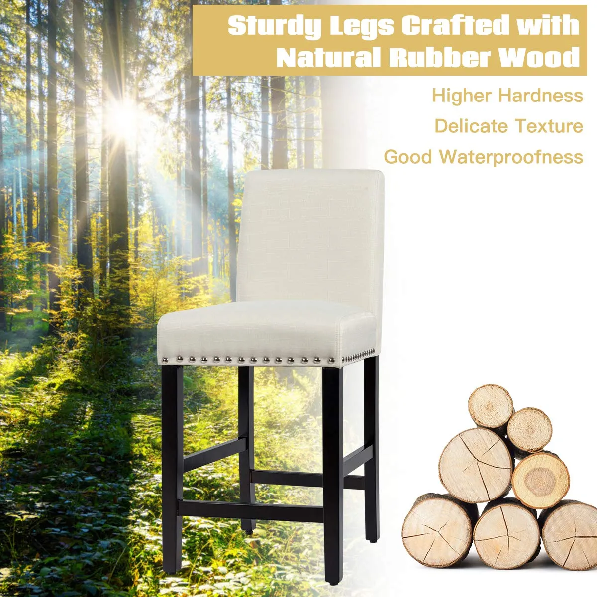 Giantex Upholstered Counter Height Bar Stools w/ Rubber Wood Legs, Breathable Linen Fabric