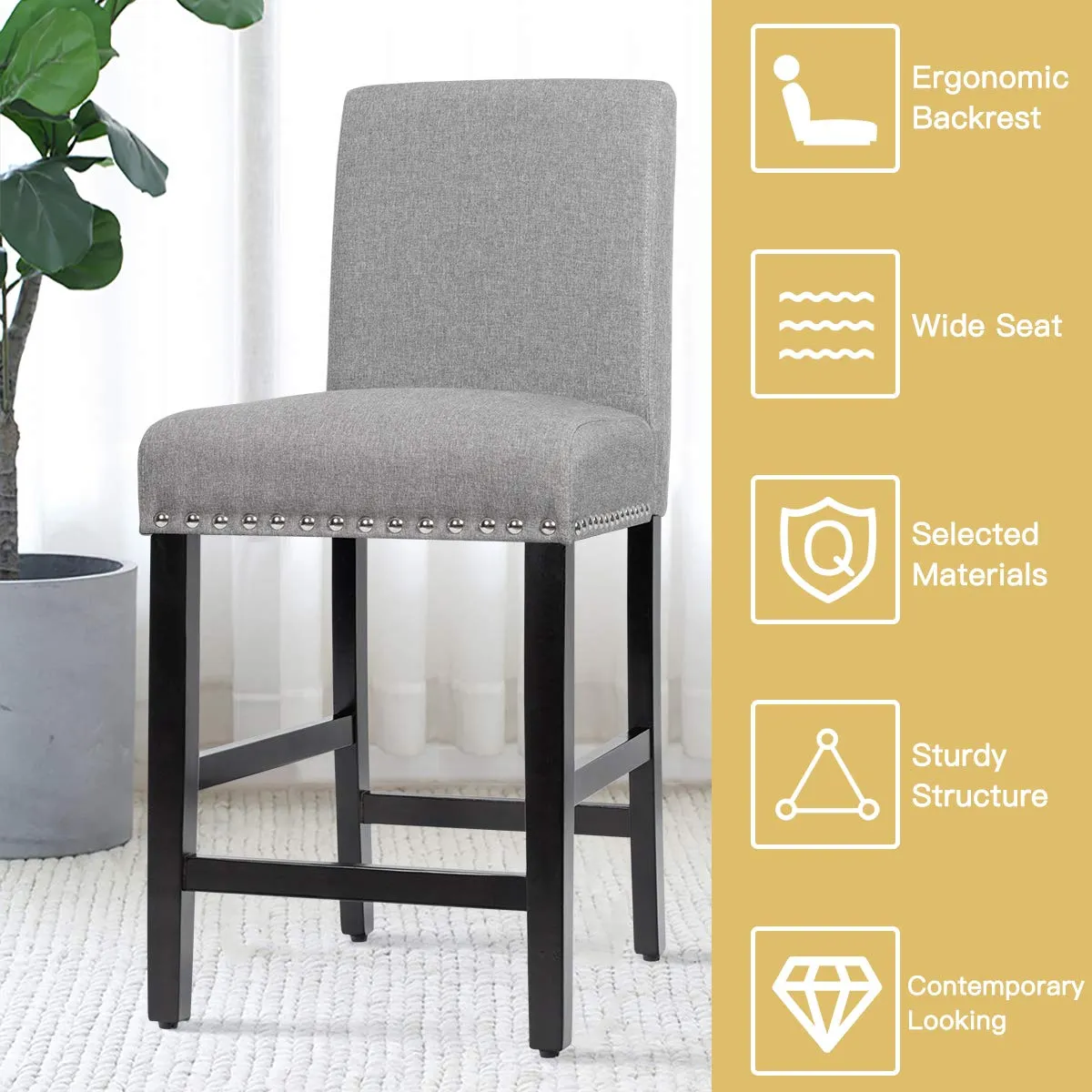Giantex Upholstered Counter Height Bar Stools w/ Rubber Wood Legs, Breathable Linen Fabric