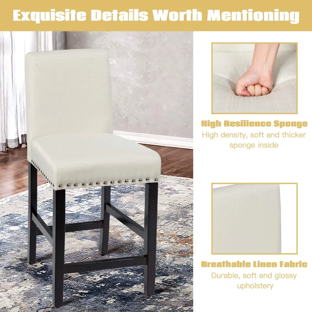 Giantex Upholstered Counter Height Bar Stools w/ Rubber Wood Legs, Breathable Linen Fabric