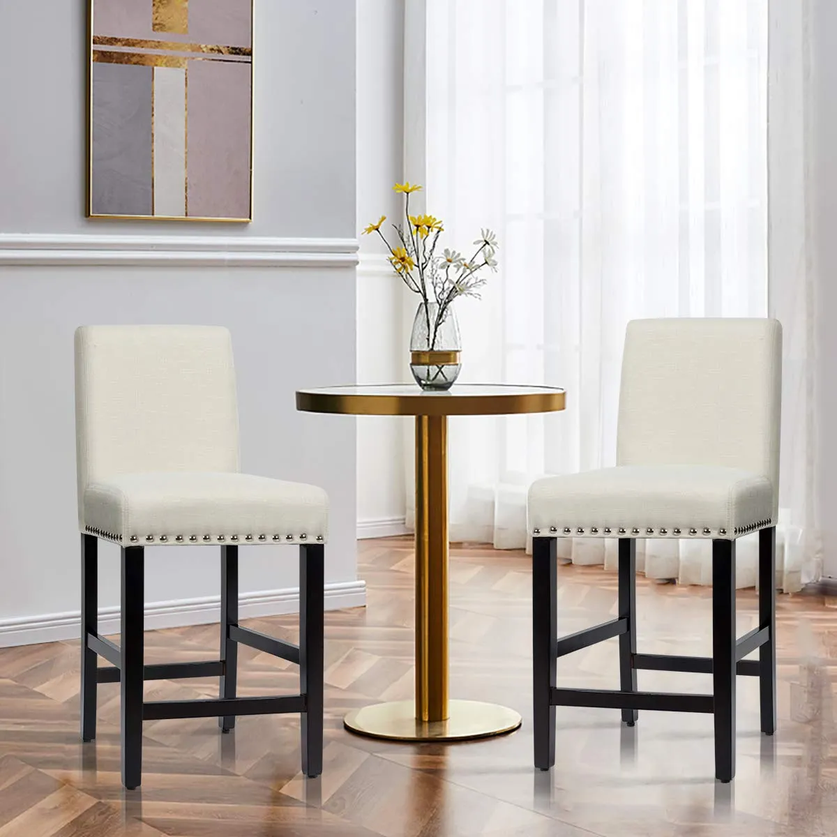 Giantex Upholstered Counter Height Bar Stools w/ Rubber Wood Legs, Breathable Linen Fabric
