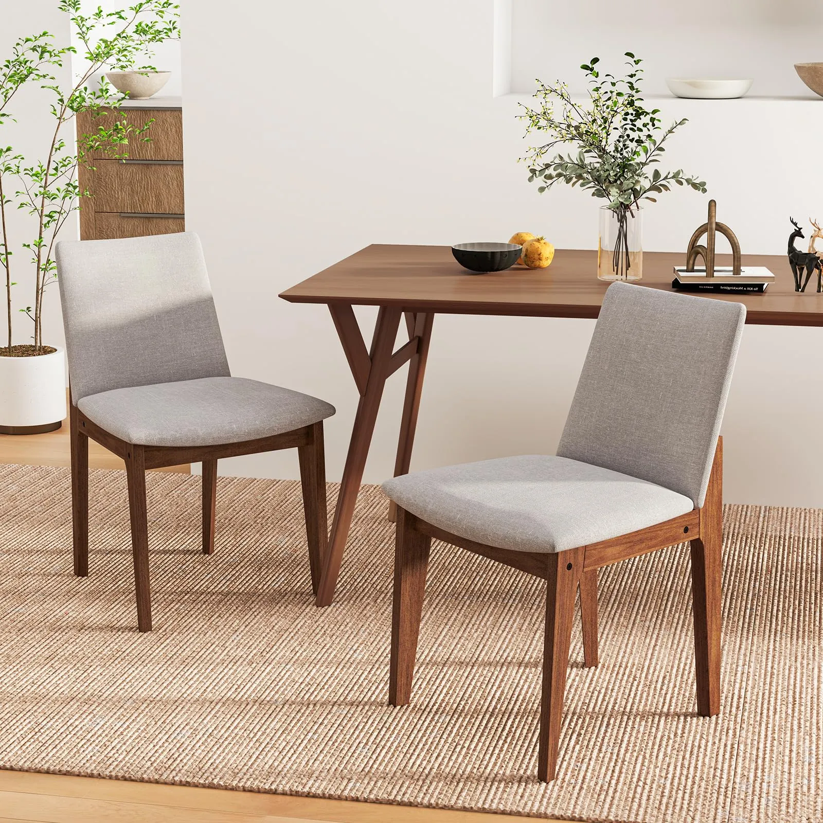 Giantex Upholstered Dining Chairs Set of 2/4, Linen Fabric Wooden Kitchen Chairs w/Rubber Wood Frame