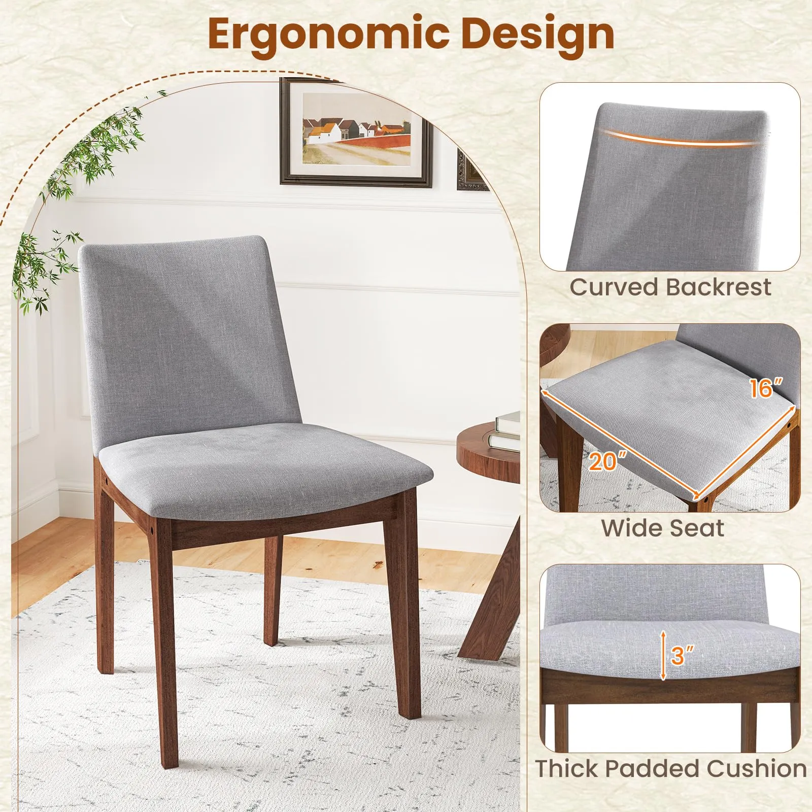 Giantex Upholstered Dining Chairs Set of 2/4, Linen Fabric Wooden Kitchen Chairs w/Rubber Wood Frame