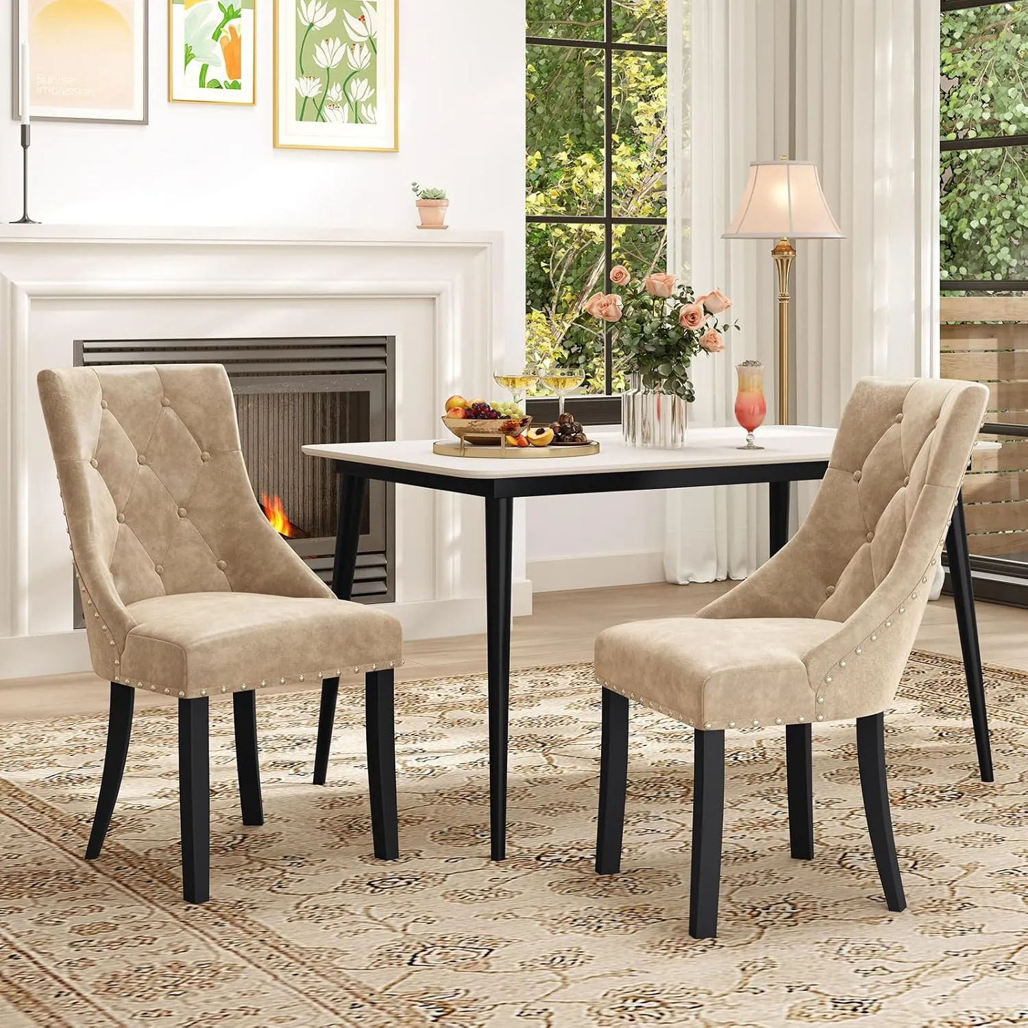Giantex Upholstered Dining Chairs Set of 2/4, Tufted Wingback Kitchen Chairs w/Solid Wood Legs, Padded Seat