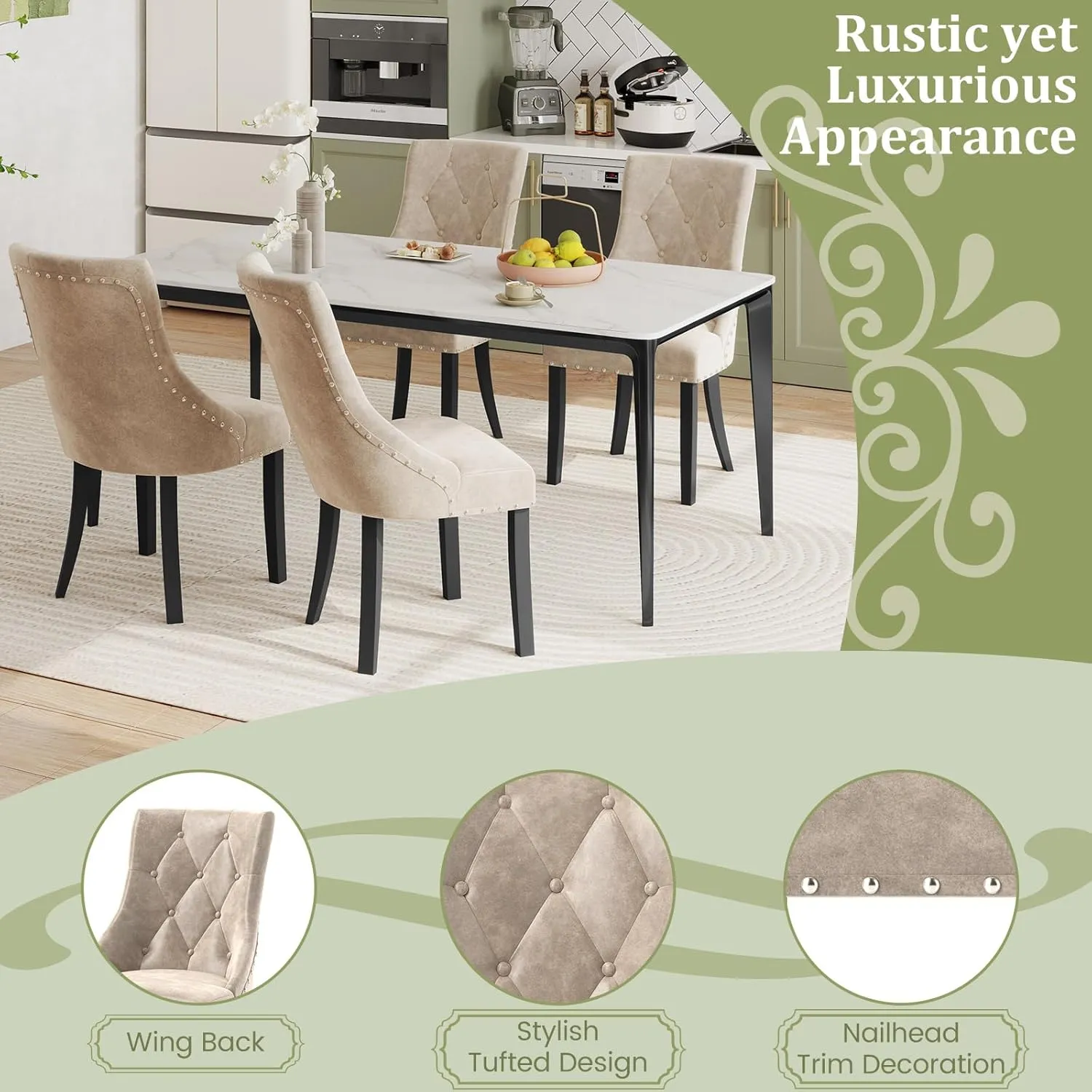 Giantex Upholstered Dining Chairs Set of 2/4, Tufted Wingback Kitchen Chairs w/Solid Wood Legs, Padded Seat