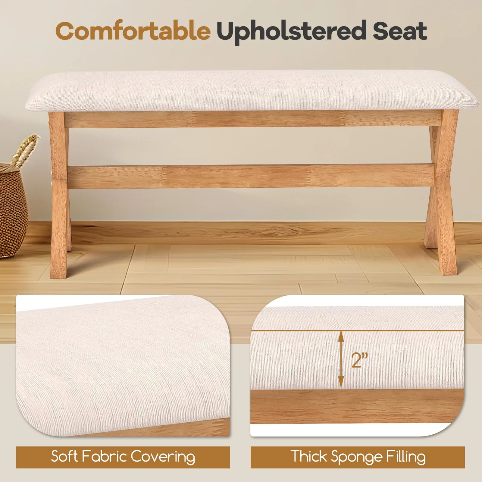 Giantex Upholstered Long Entryway Bench, Rubber Wood Dining Bench with Padded Seat, 43.5x15.5x17.5 Inches, 400 Lbs Capacity