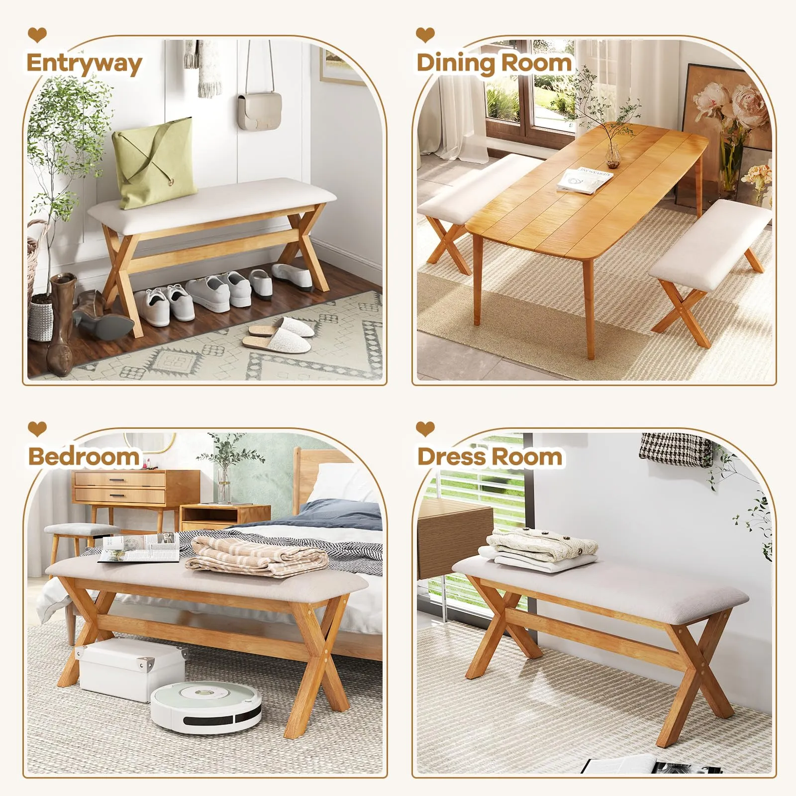 Giantex Upholstered Long Entryway Bench, Rubber Wood Dining Bench with Padded Seat, 43.5x15.5x17.5 Inches, 400 Lbs Capacity