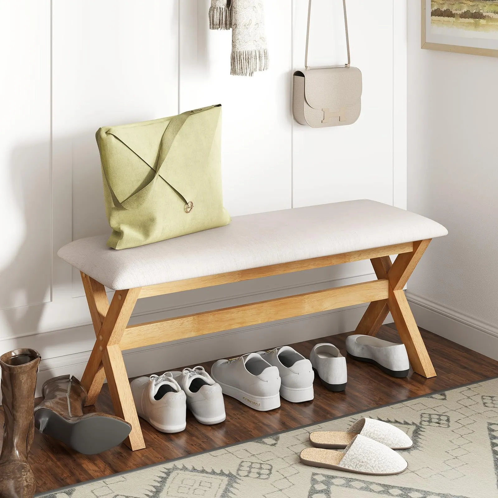 Giantex Upholstered Long Entryway Bench, Rubber Wood Dining Bench with Padded Seat, 43.5x15.5x17.5 Inches, 400 Lbs Capacity