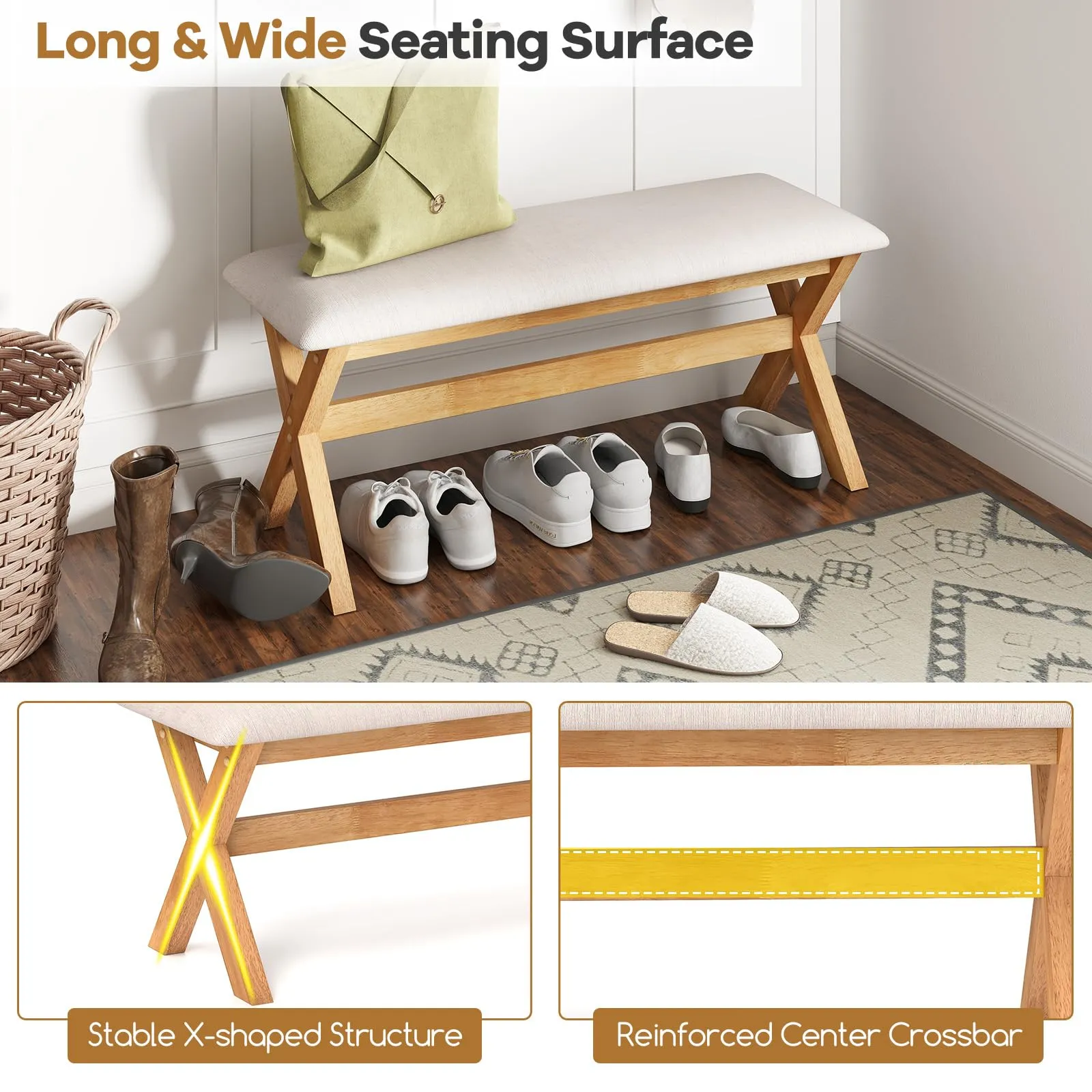 Giantex Upholstered Long Entryway Bench, Rubber Wood Dining Bench with Padded Seat, 43.5x15.5x17.5 Inches, 400 Lbs Capacity
