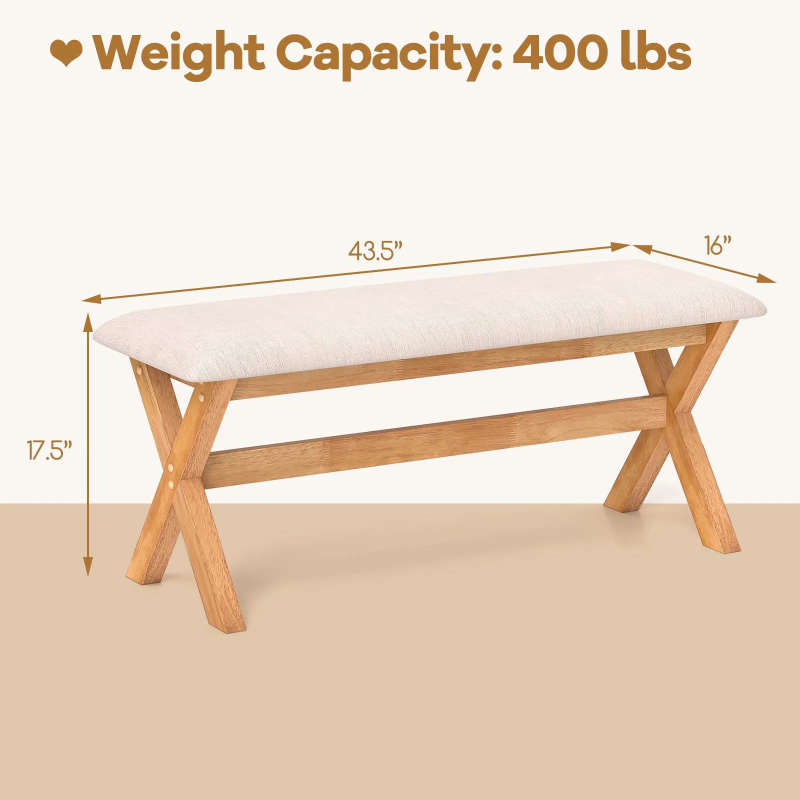 Giantex Upholstered Long Entryway Bench, Rubber Wood Dining Bench with Padded Seat, 43.5x15.5x17.5 Inches, 400 Lbs Capacity