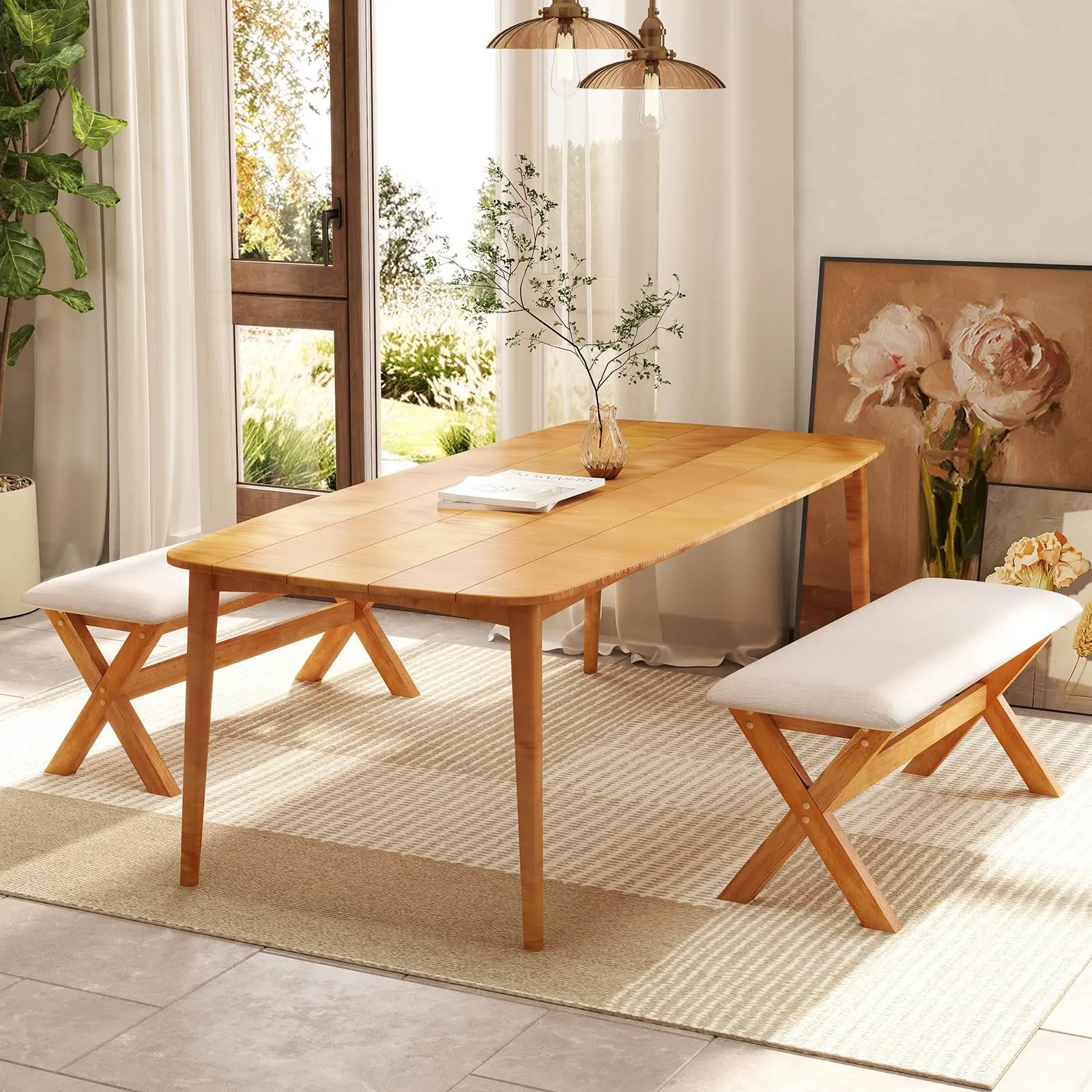 Giantex Upholstered Long Entryway Bench, Rubber Wood Dining Bench with Padded Seat, 43.5x15.5x17.5 Inches, 400 Lbs Capacity