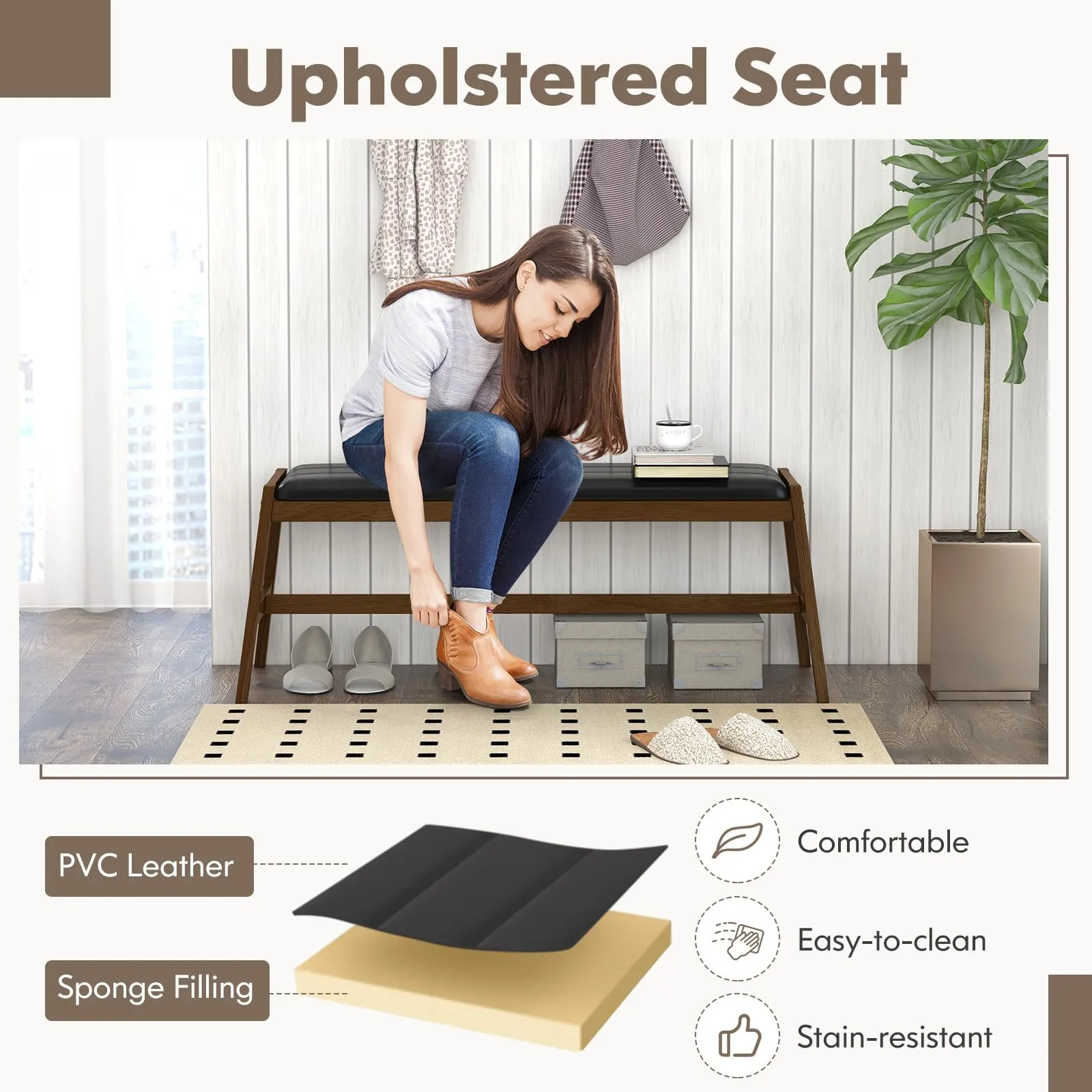 Giantex Upholstered Wood Dining Bench, 50" Entryway Bench w/Padded Seat & Solid Rubber Wood Frame