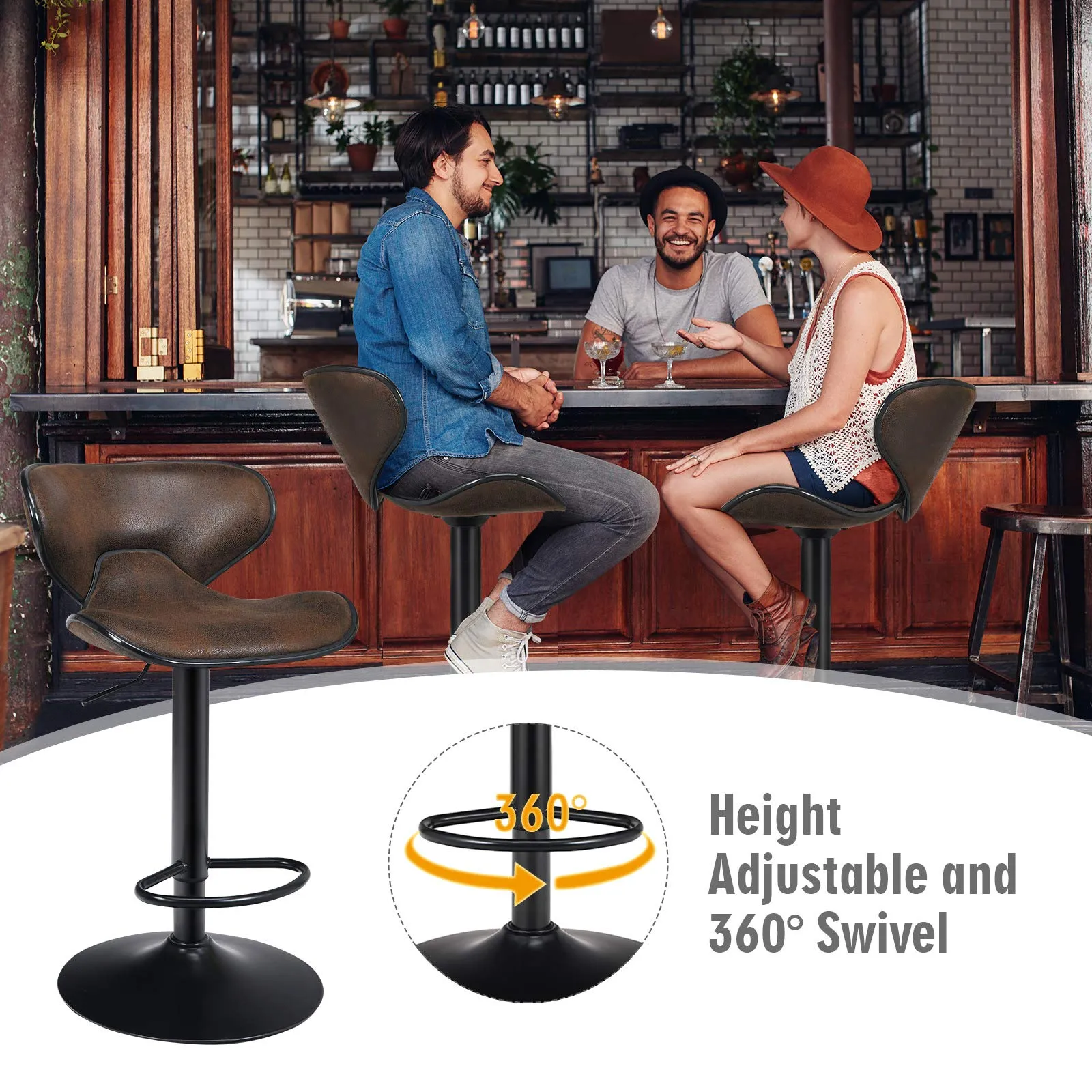 Giantex Vintage Barstools, Swivel Bar Stool with Backrest, Footrest and Height Adjustable, Counter Barstool for Bar