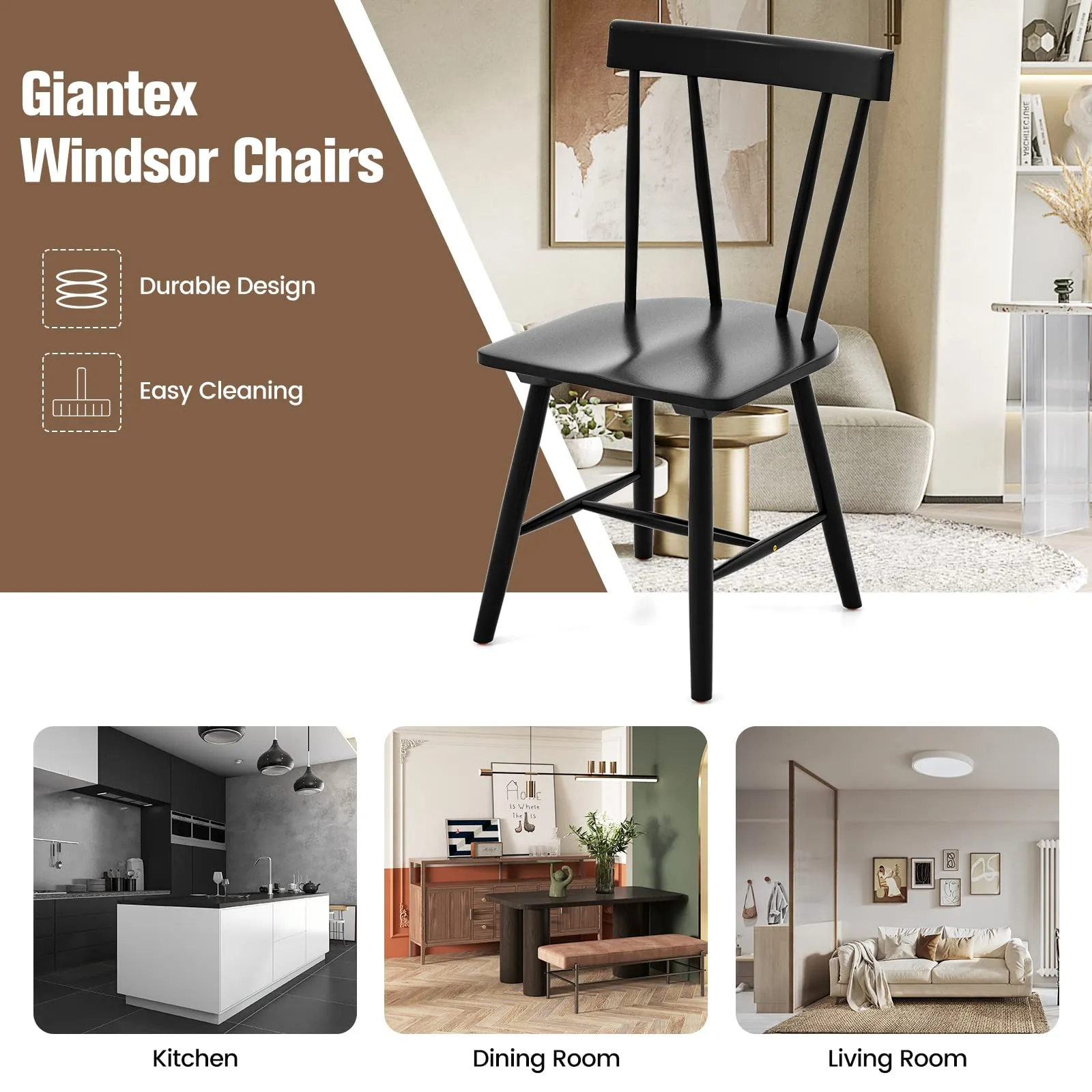 Giantex Windsor Chairs, Armless Dining Chairs with Solid Rubber Wood Frame