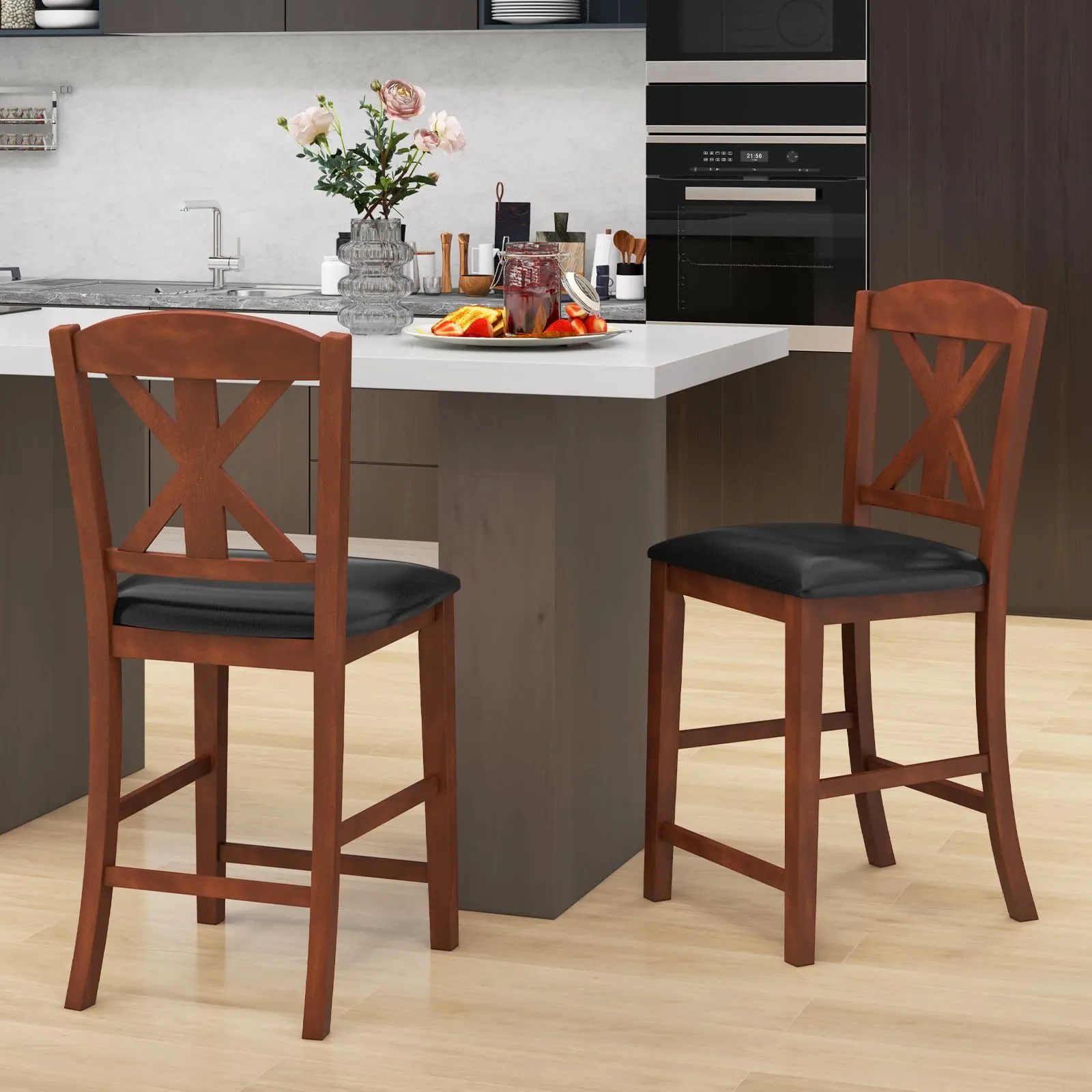 Giantex Wood Bar Stools Set, 24" Upholstered Counter Height Bar Chairs w/Hollowed High Back