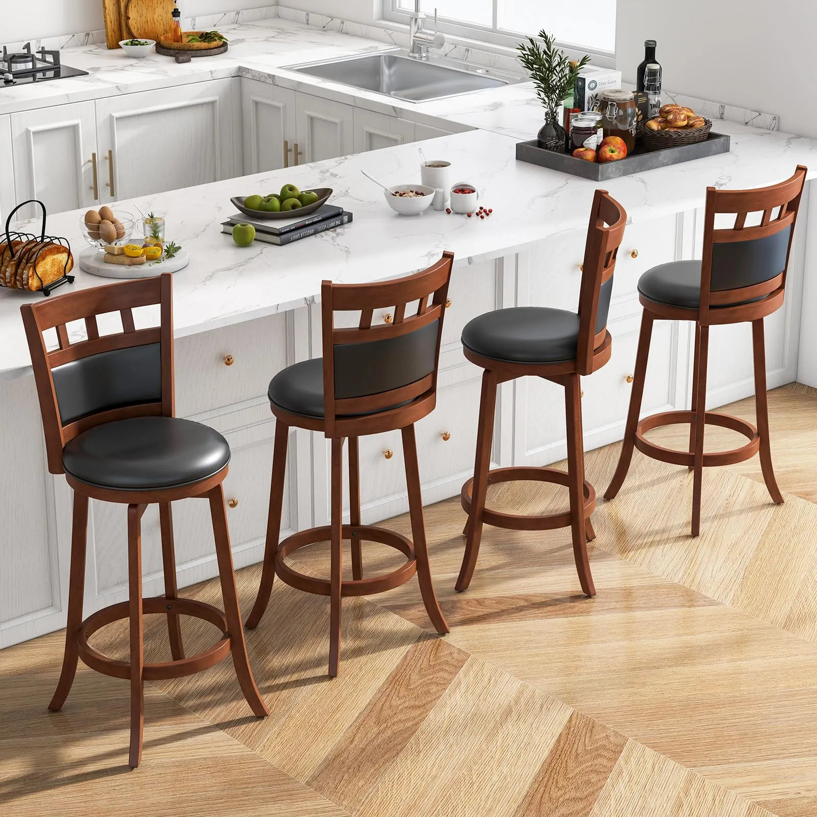 Giantex Wood Bar Stools Set, 31" Swivel Bar Height Barstools w/Back, Rubber Wood Frame