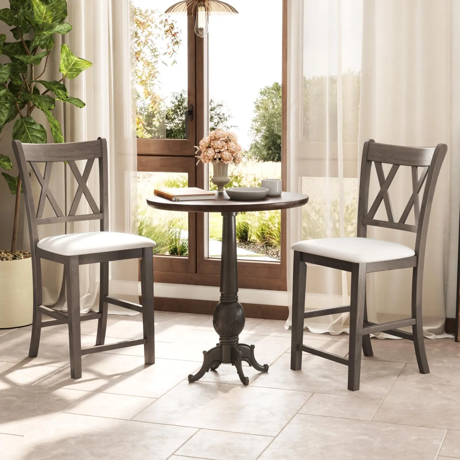 Giantex Wood Bar Stools Set of 2/4, 24" Counter Height Bar Stools w/Cross Back & Linen Fabric Upholstered Seat