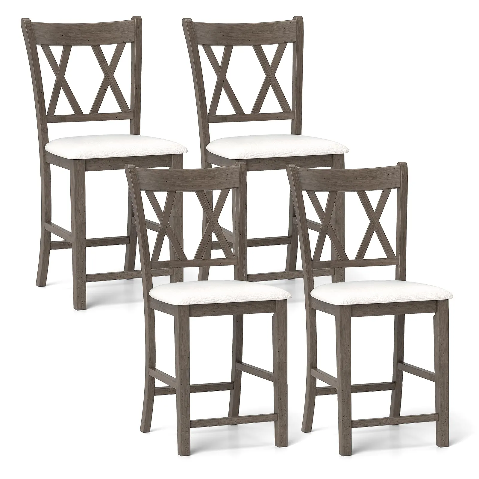Giantex Wood Bar Stools Set of 2/4, 24" Counter Height Bar Stools w/Cross Back & Linen Fabric Upholstered Seat
