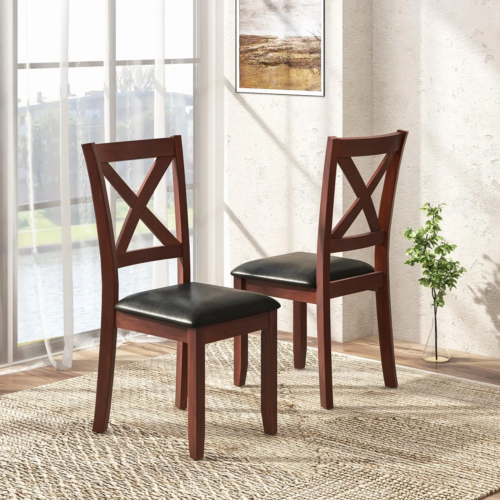 Giantex Wood Dining Chairs, Faux Leather Upholstered Dining Chairs with Rubber Wood Legs