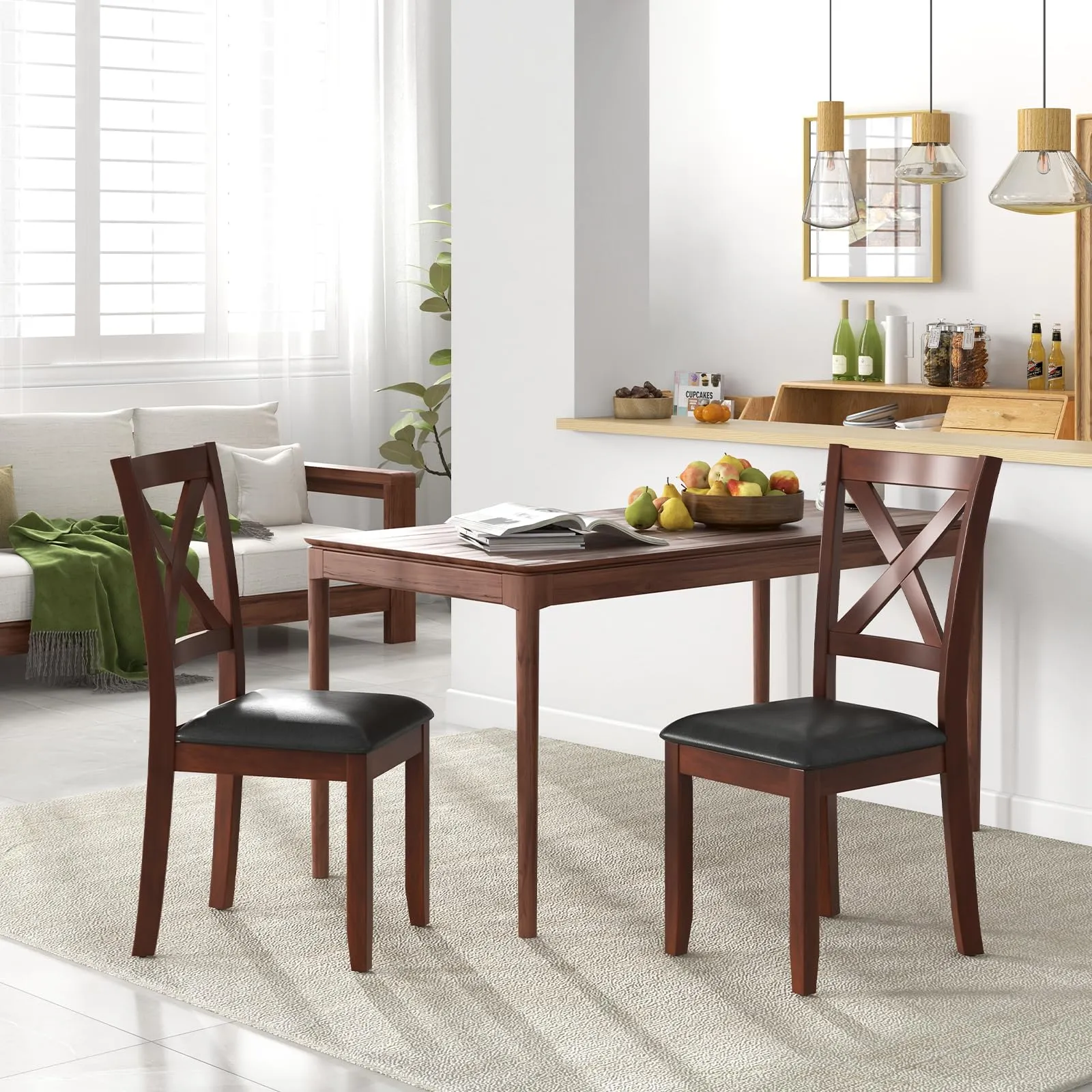 Giantex Wood Dining Chairs, Faux Leather Upholstered Dining Chairs with Rubber Wood Legs