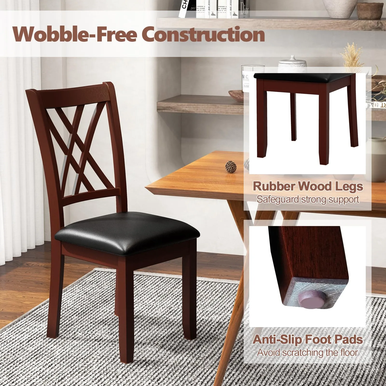 Giantex Wood Dining Chairs Set of 2, Faux Leather Upholstered Kitchen Chairs with Rubber Wood Legs