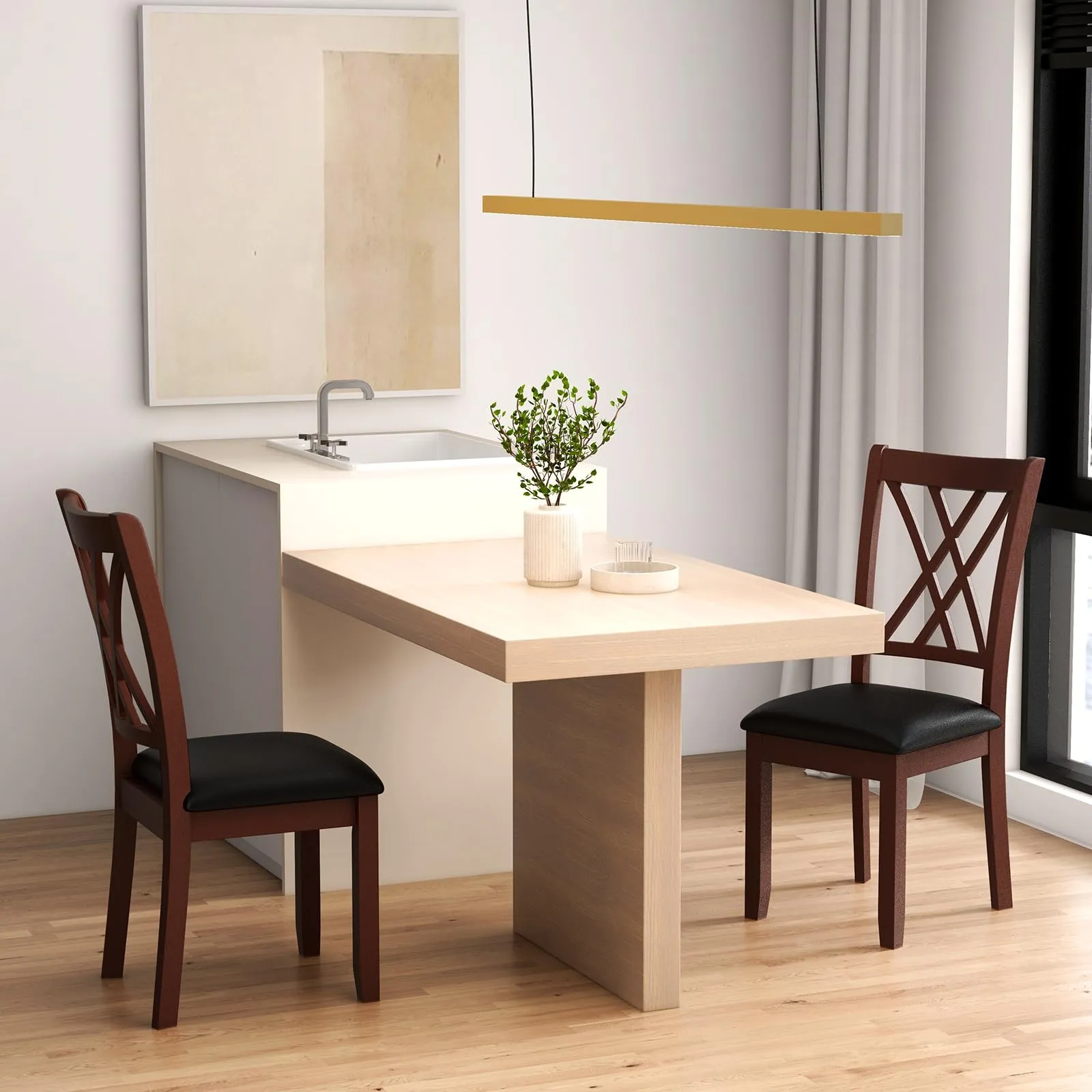 Giantex Wood Dining Chairs Set of 2, Faux Leather Upholstered Kitchen Chairs with Rubber Wood Legs