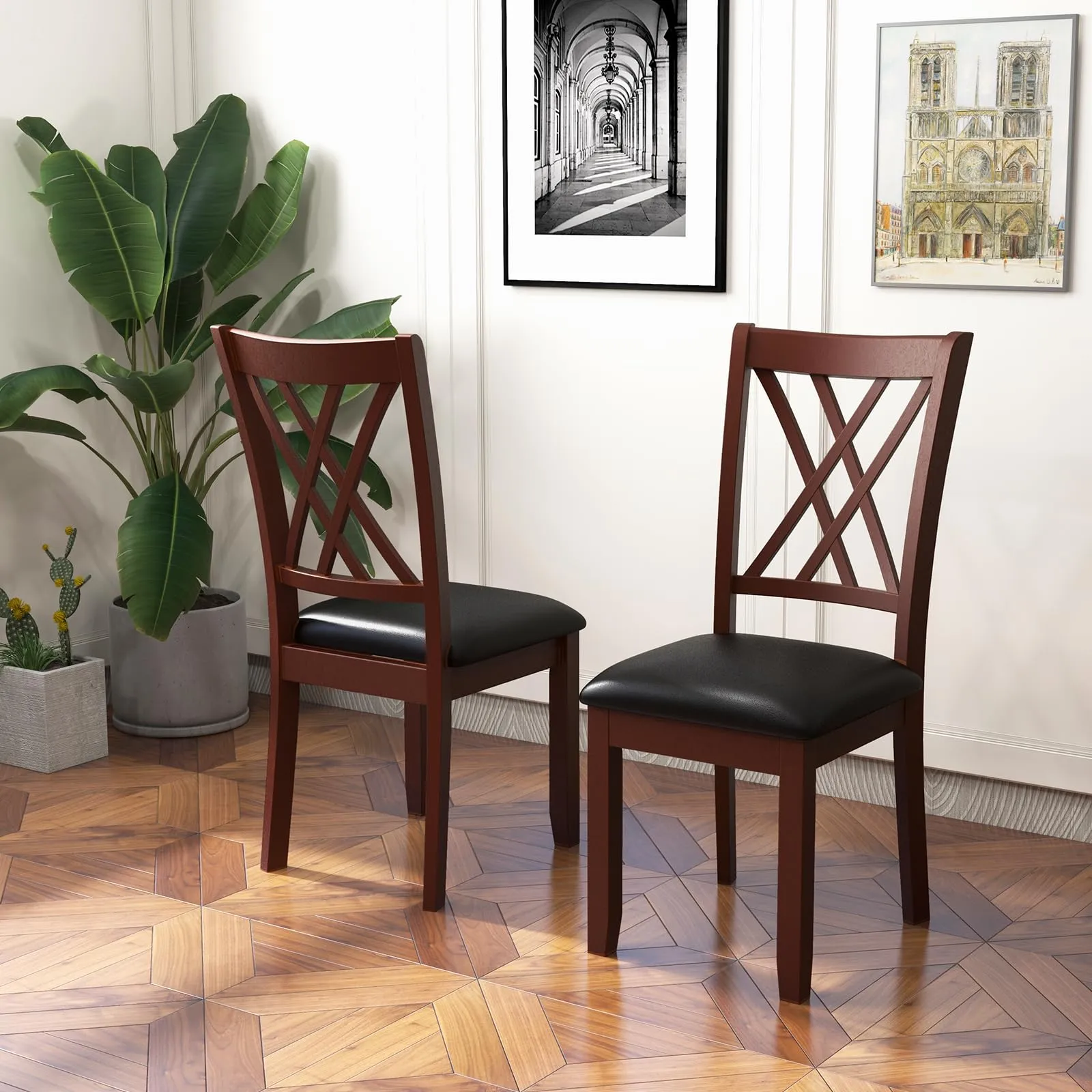 Giantex Wood Dining Chairs Set of 2, Faux Leather Upholstered Kitchen Chairs with Rubber Wood Legs
