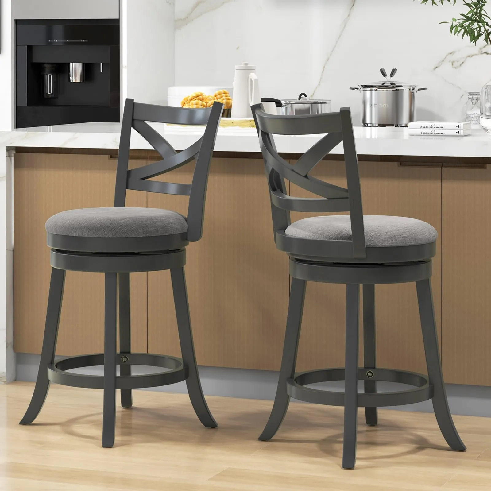 Giantex Wood Swivel Bar Stools Set of 2/4,  Upholstered Counter Height Bar Stools with X Back, Linen Cushioned Seat