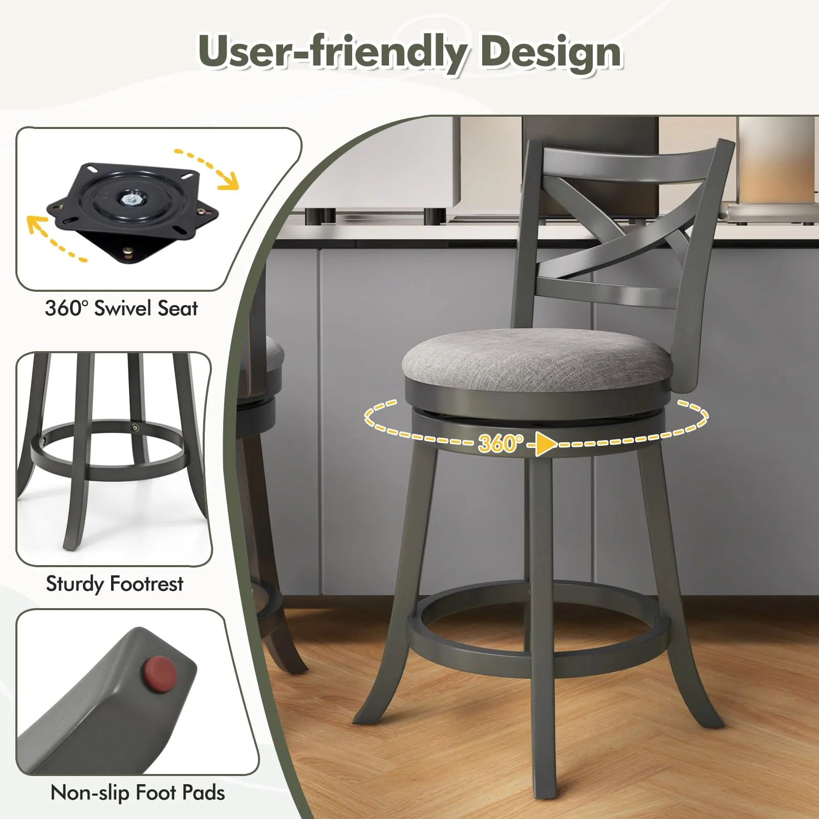 Giantex Wood Swivel Bar Stools Set of 2/4,  Upholstered Counter Height Bar Stools with X Back, Linen Cushioned Seat