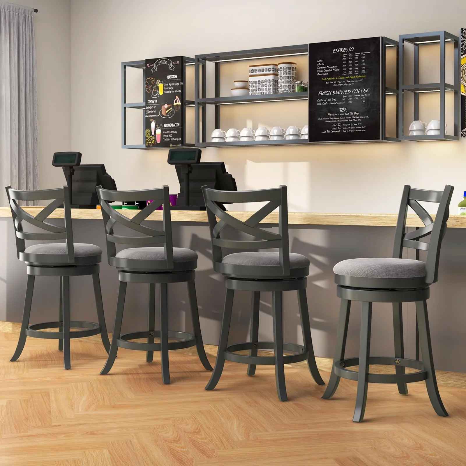 Giantex Wood Swivel Bar Stools Set of 2/4,  Upholstered Counter Height Bar Stools with X Back, Linen Cushioned Seat