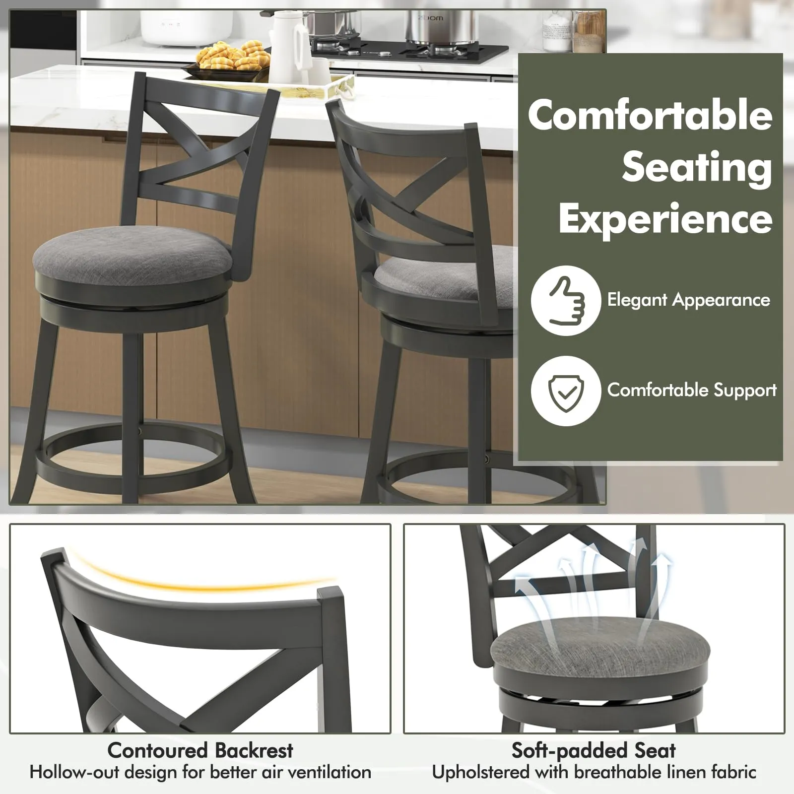 Giantex Wood Swivel Bar Stools Set of 2/4,  Upholstered Counter Height Bar Stools with X Back, Linen Cushioned Seat