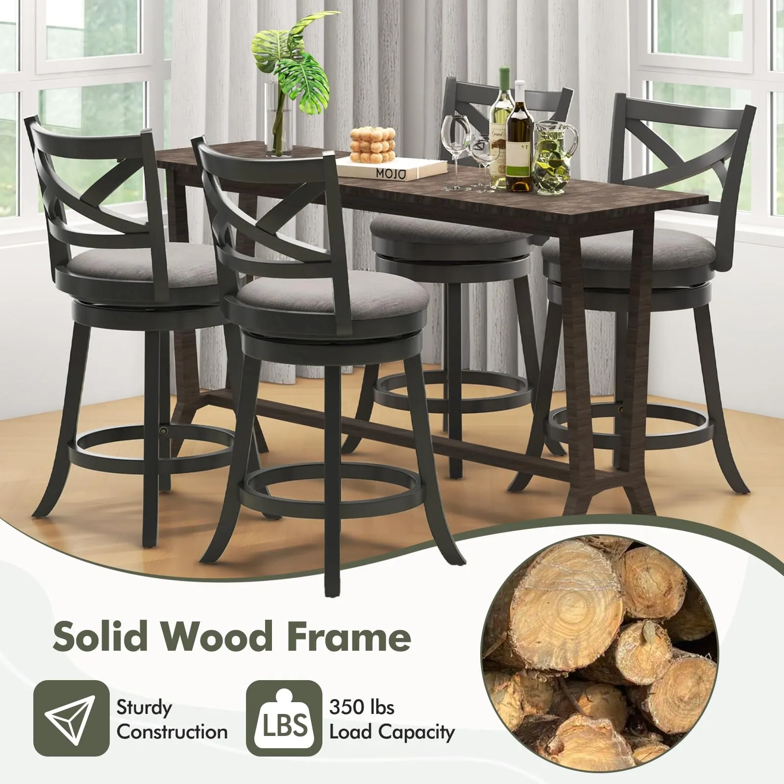 Giantex Wood Swivel Bar Stools Set of 2/4,  Upholstered Counter Height Bar Stools with X Back, Linen Cushioned Seat