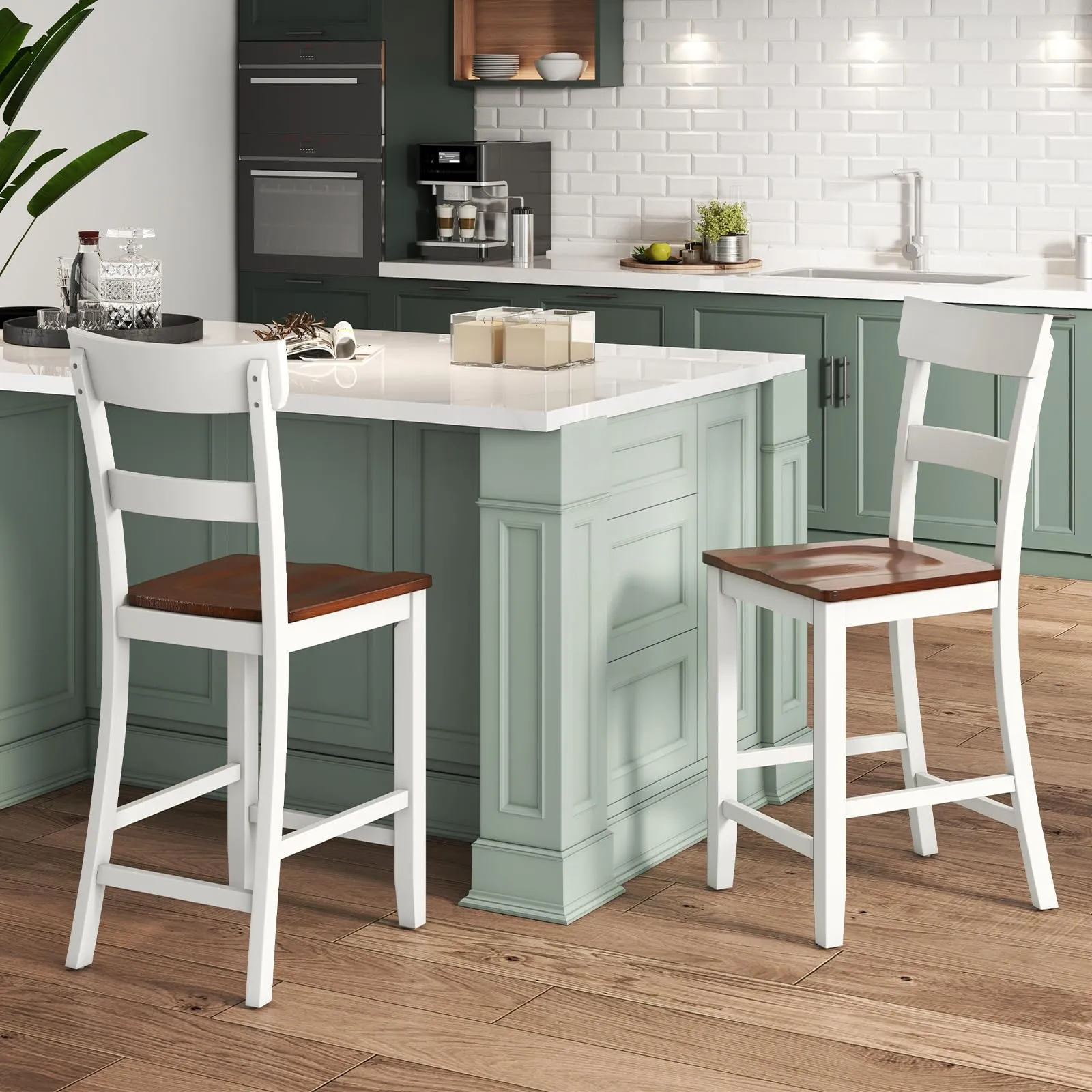 Giantex Wooden Bar Stools Counter Height Set of 2, 24.5" Farmhouse Wood Bar Dining Chairs