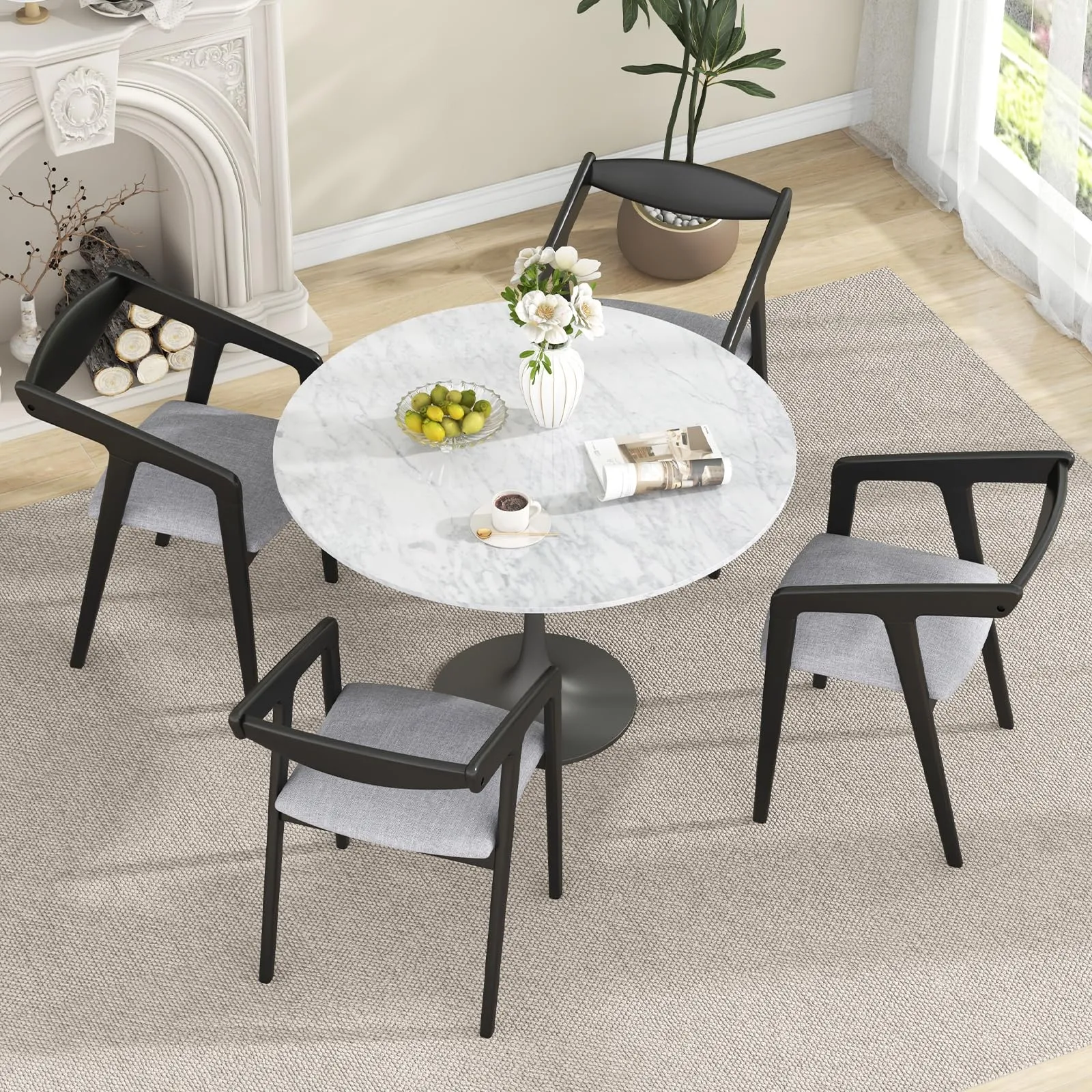 Giantex Wooden Dining Chairs Set, Linen Fabric Upholstered Kitchen Chairs w/Armrests & Padded Cushion
