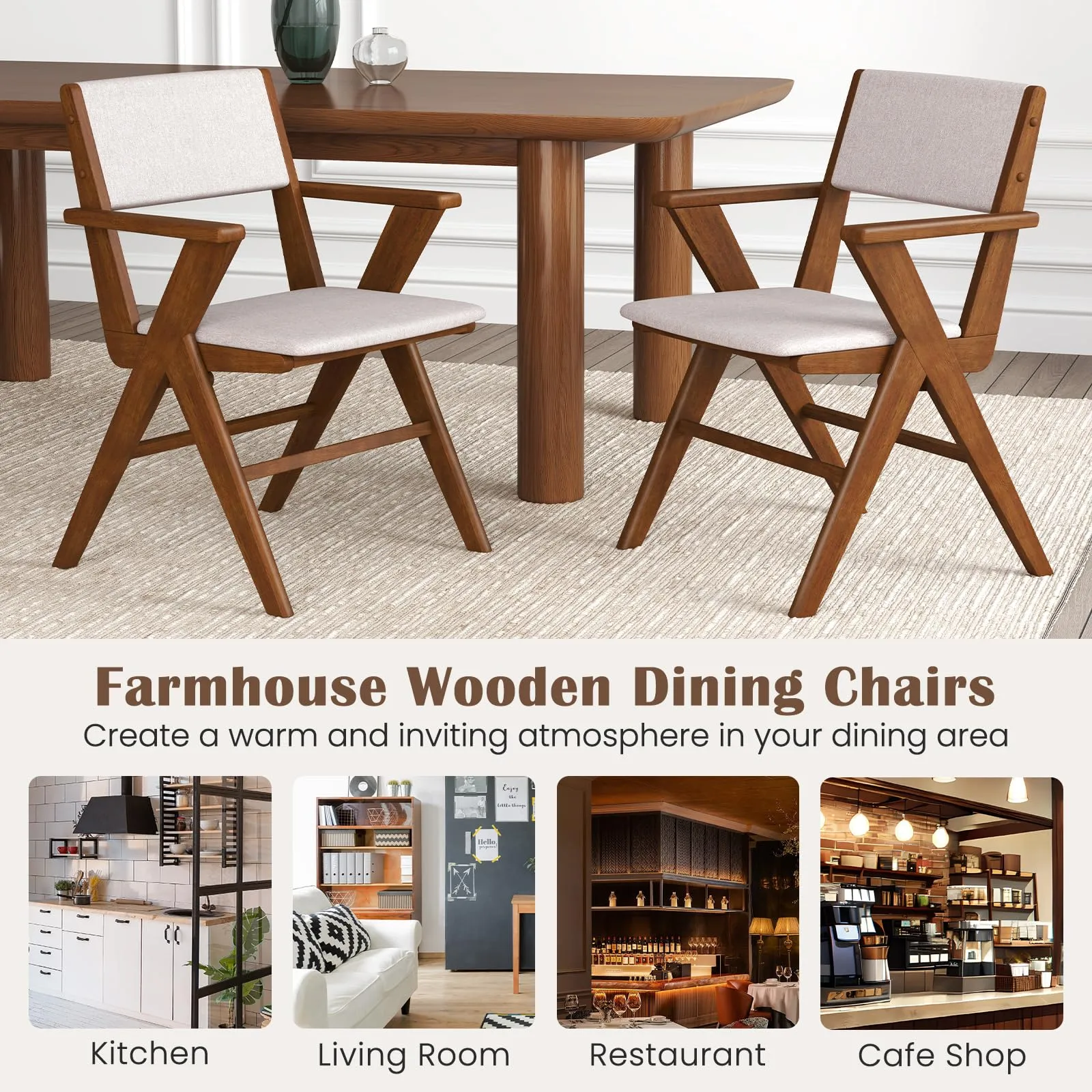 Giantex Wooden Dining Chairs Set, Linen Fabric Upholstered Kitchen Chairs w/Armrests, Rubber Wood Frame