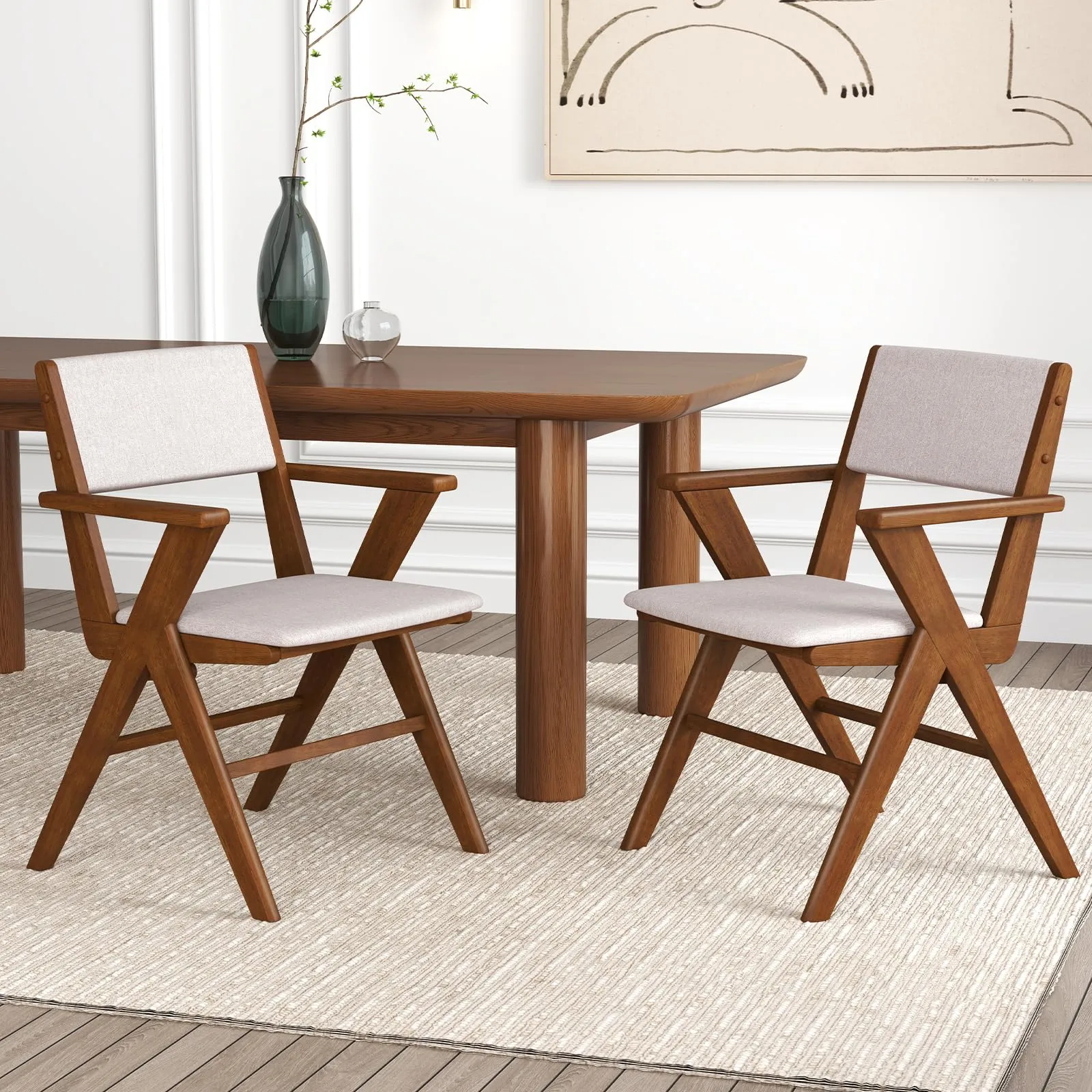 Giantex Wooden Dining Chairs Set, Linen Fabric Upholstered Kitchen Chairs w/Armrests, Rubber Wood Frame