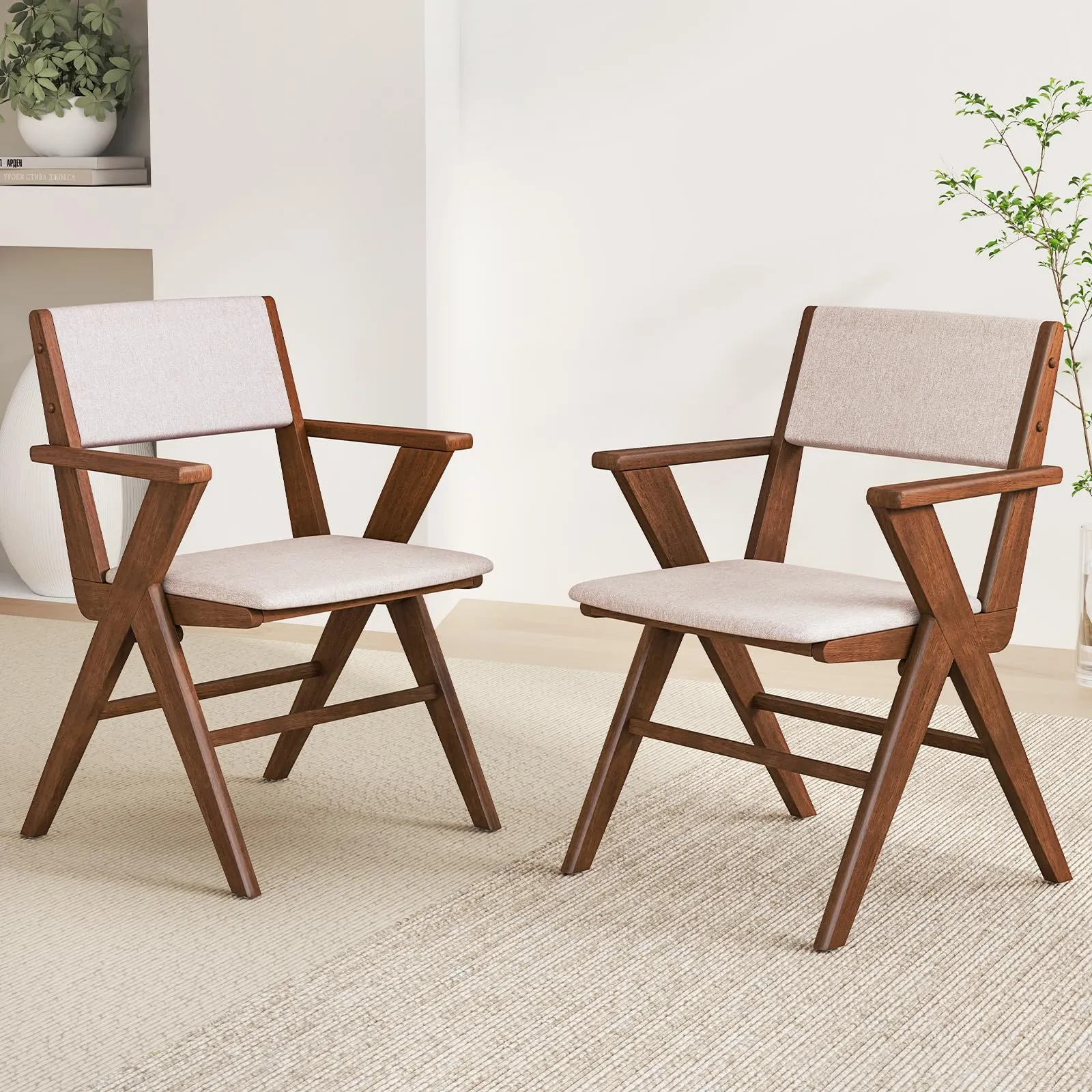 Giantex Wooden Dining Chairs Set, Linen Fabric Upholstered Kitchen Chairs w/Armrests, Rubber Wood Frame