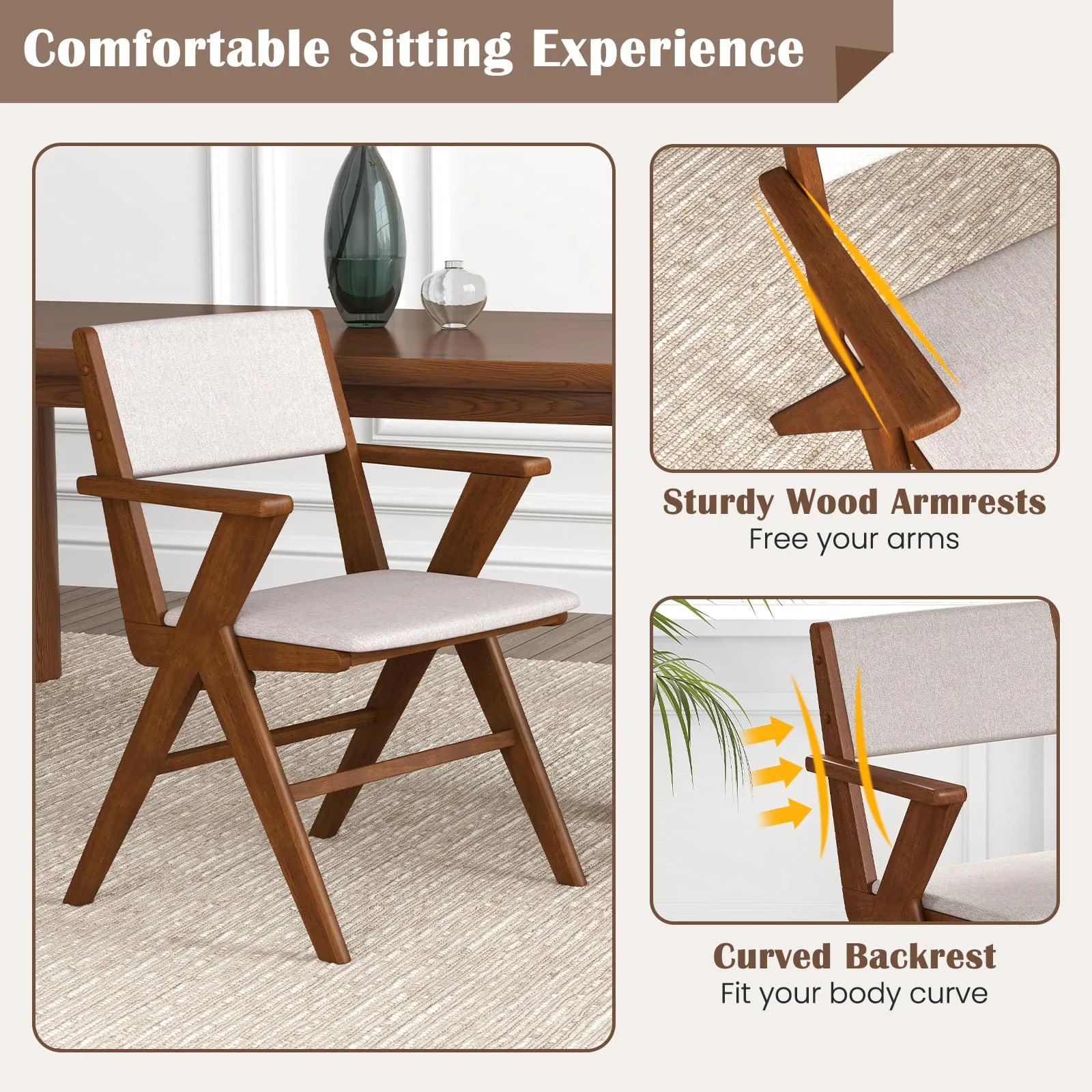 Giantex Wooden Dining Chairs Set, Linen Fabric Upholstered Kitchen Chairs w/Armrests, Rubber Wood Frame