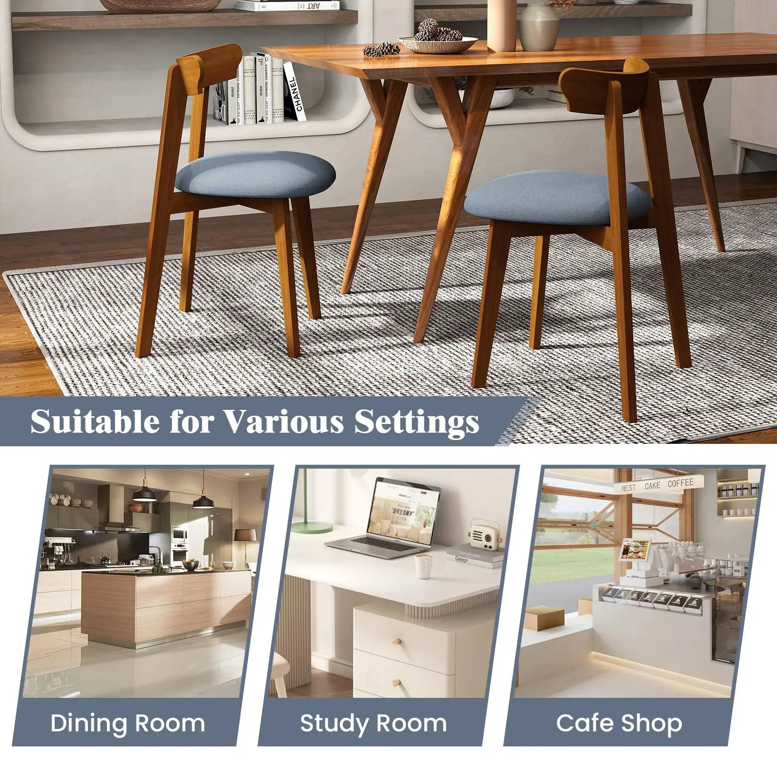 Giantex Wooden Dining Chairs Set, Mid-Century Kitchen Chairs w/Padded Seat & Curved Backrest